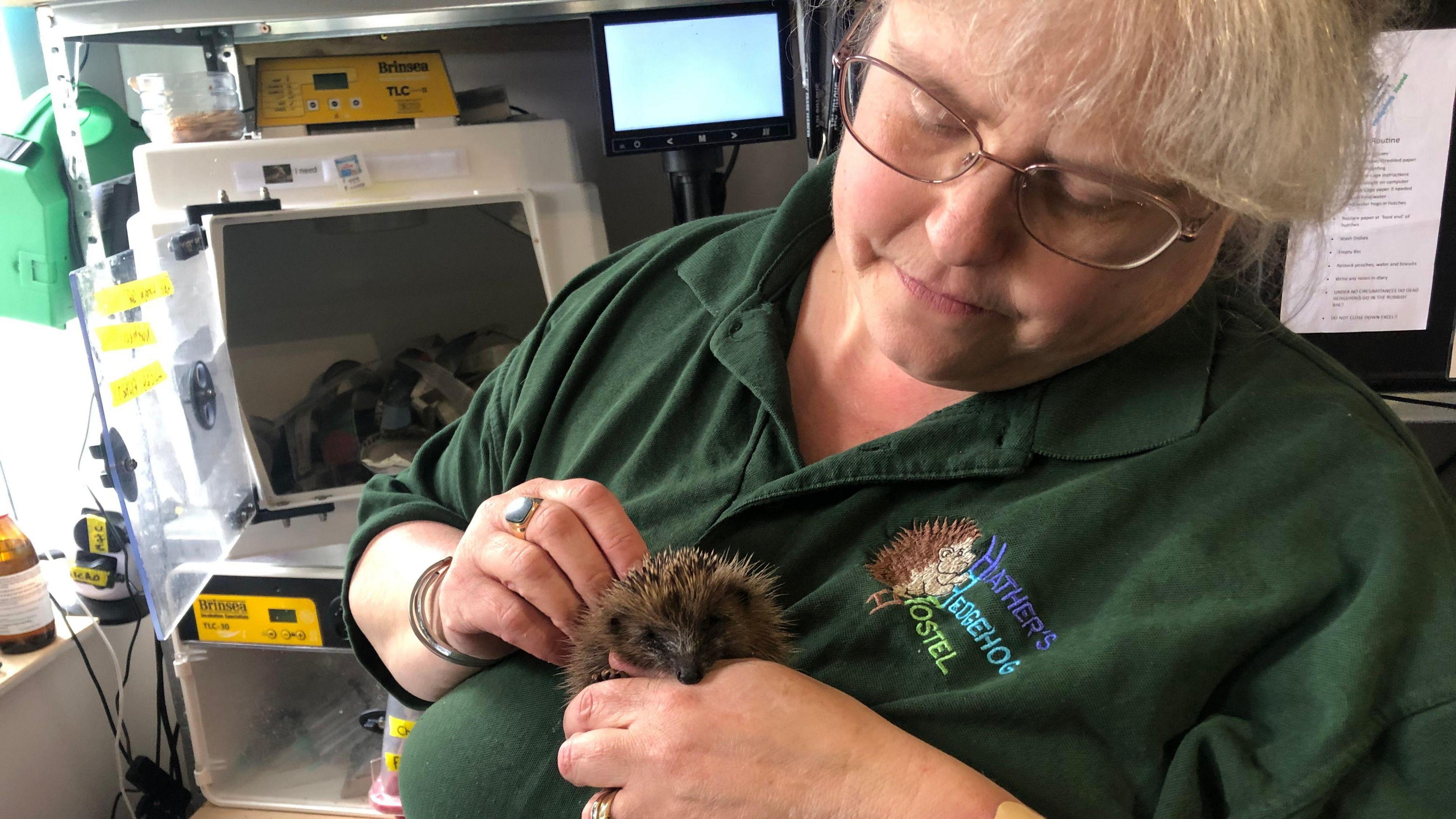 Heather Johnson has short light brown hair, wavy over her forehead. She has dark rimmed glasses and is wearing a dark green T-shirt and is holding a hoglet, a baby hedgehog. Behind her are plastic crates in racks that she keeps the animals in.