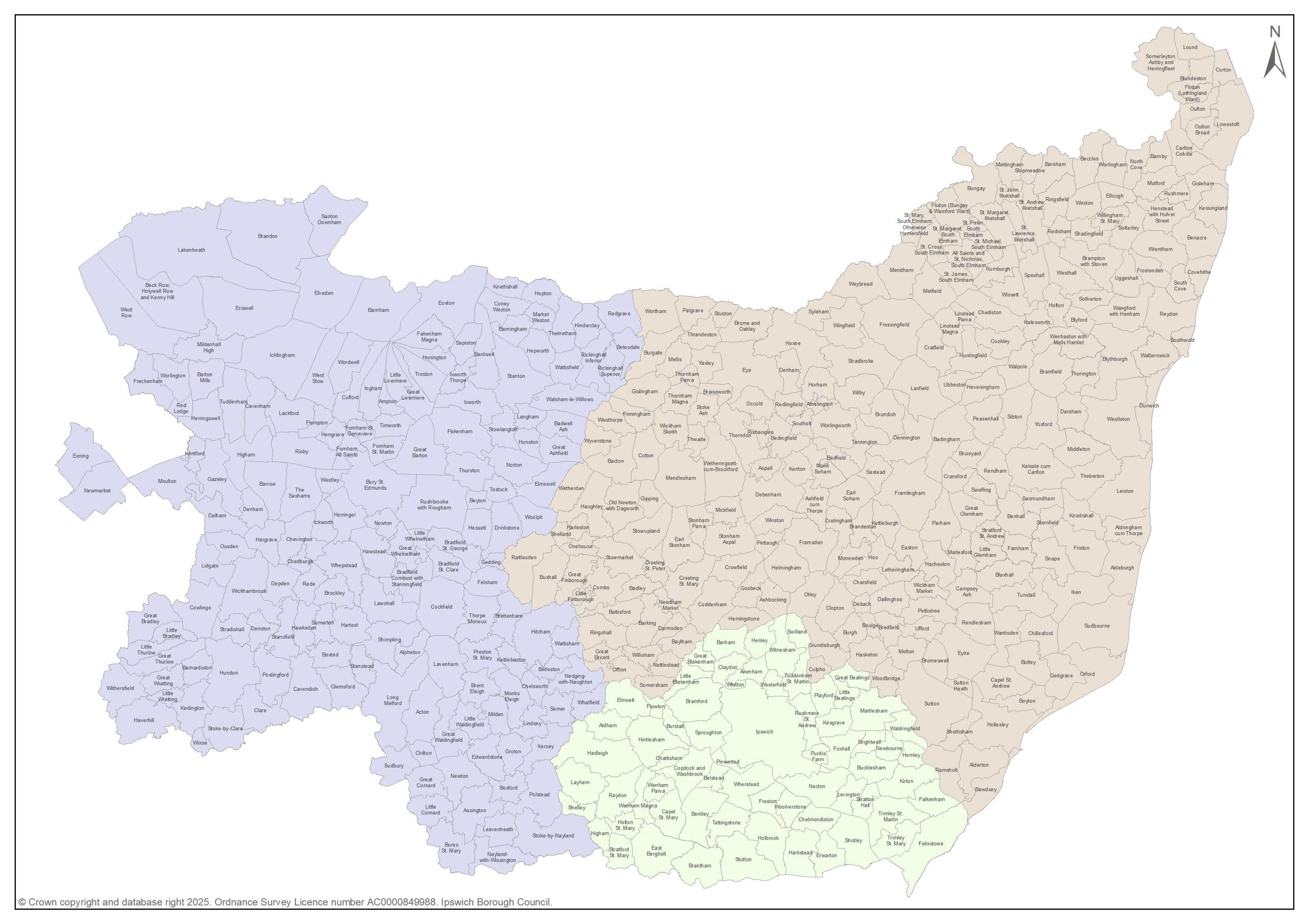 A map of Suffolk, it is divided in to three sections which signifies the planned boundaries for the new councils.