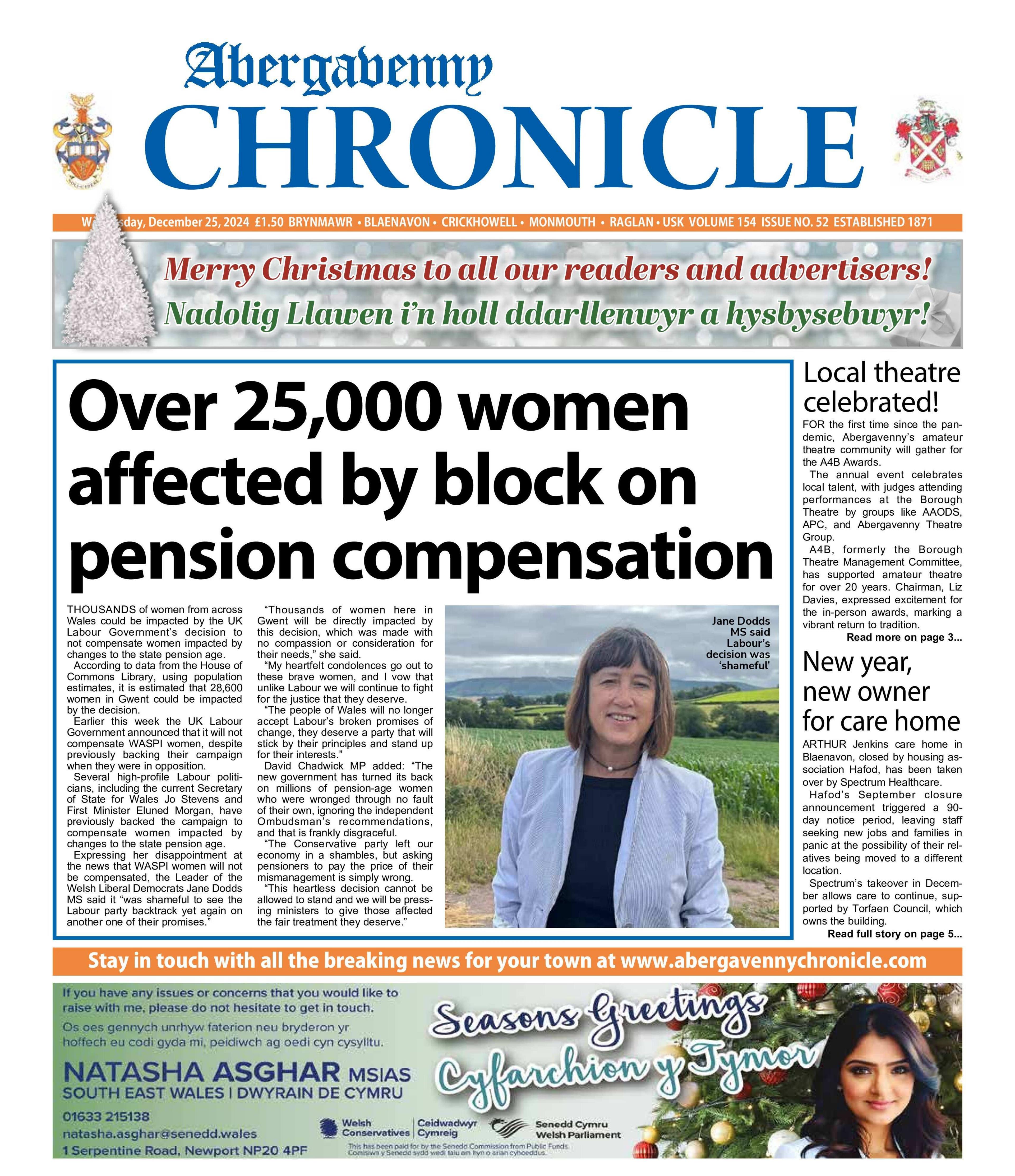 Front page of the Abergavenny Chronicle