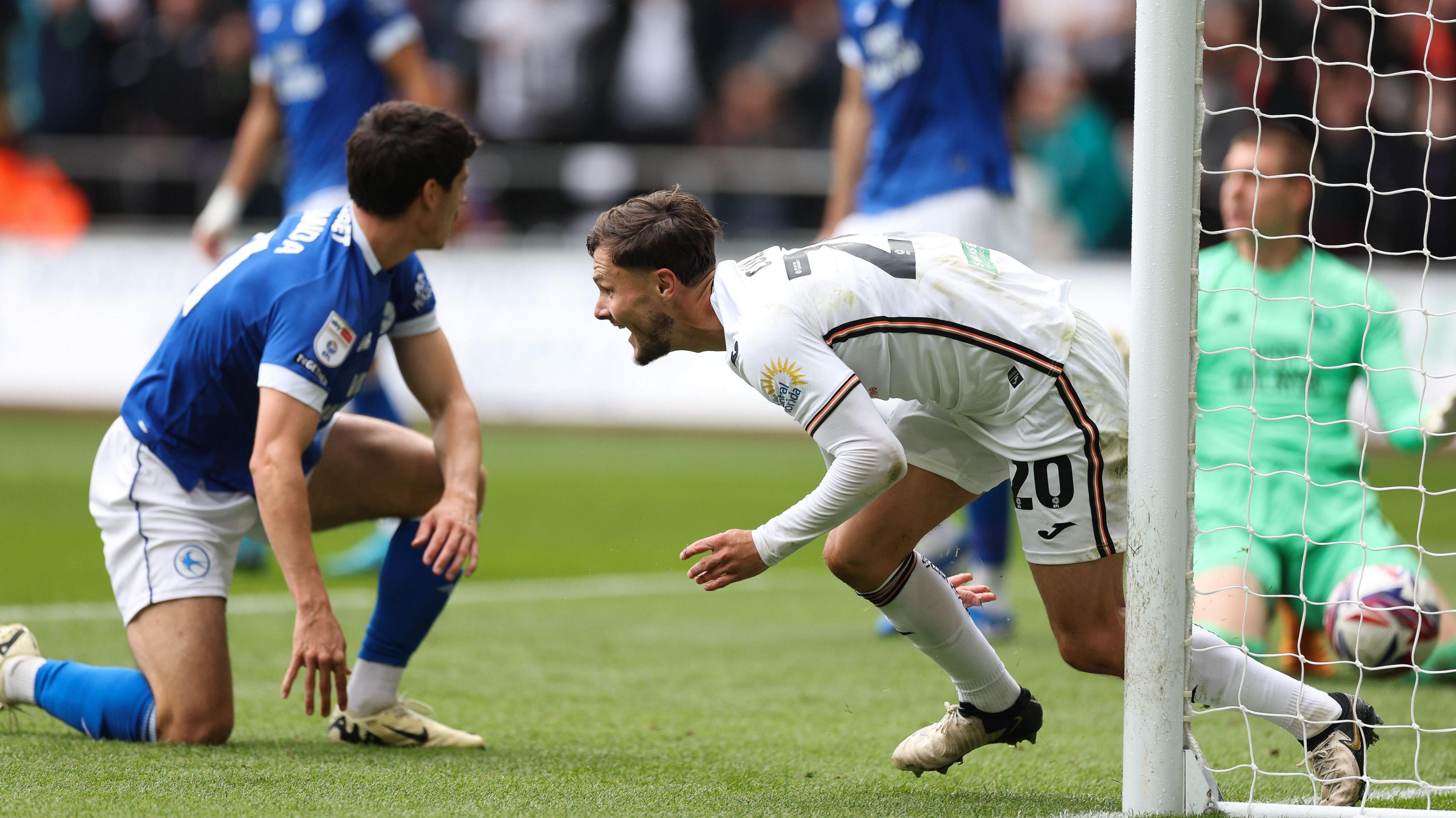 Liam Cullen celebrates against Cardiff last August 