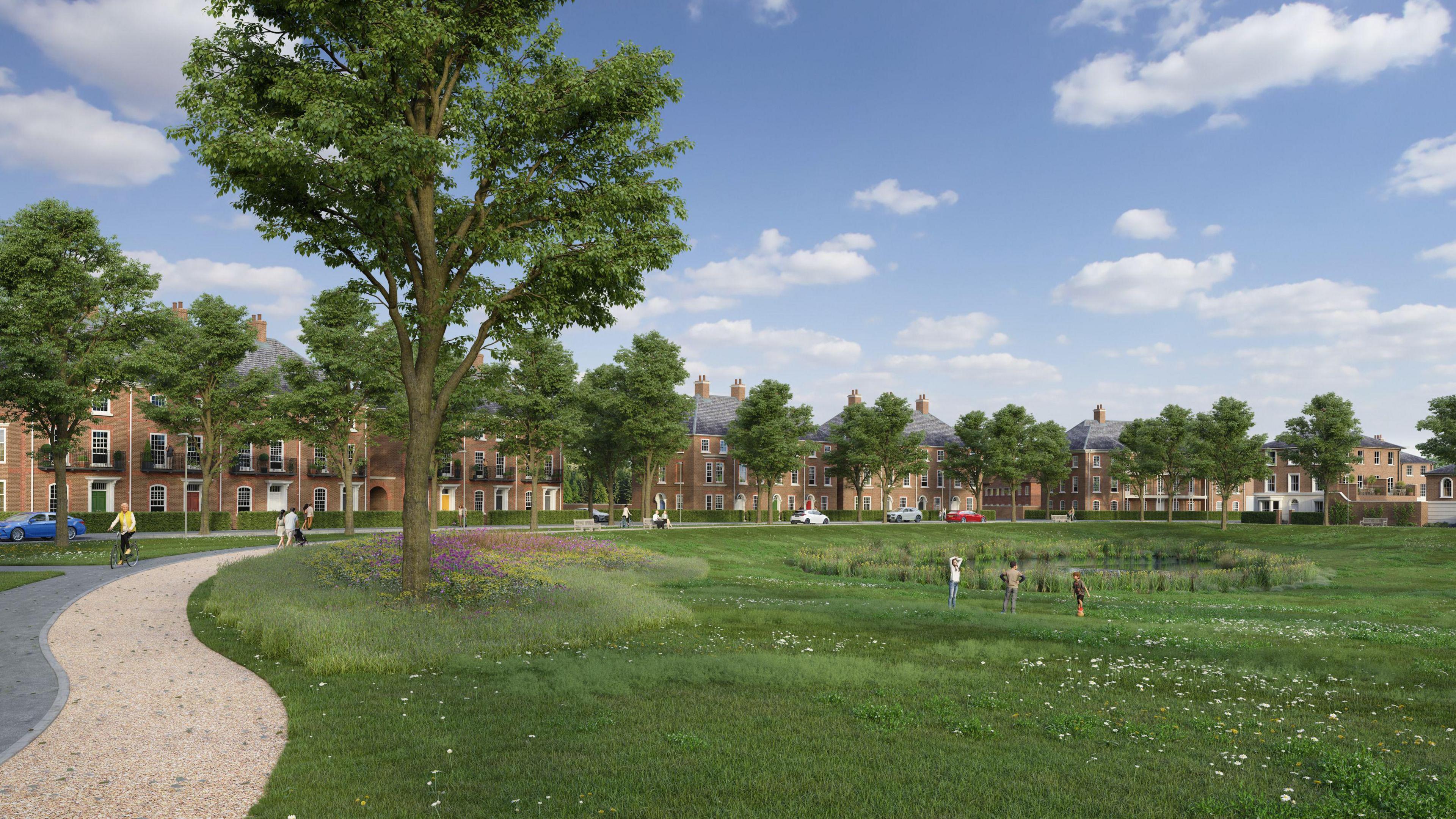 The computer generated image shows a large green space with wild flowers and children playing surroundedby a footpath and a cycle lane. On the outer edges are houses behind a row of trees