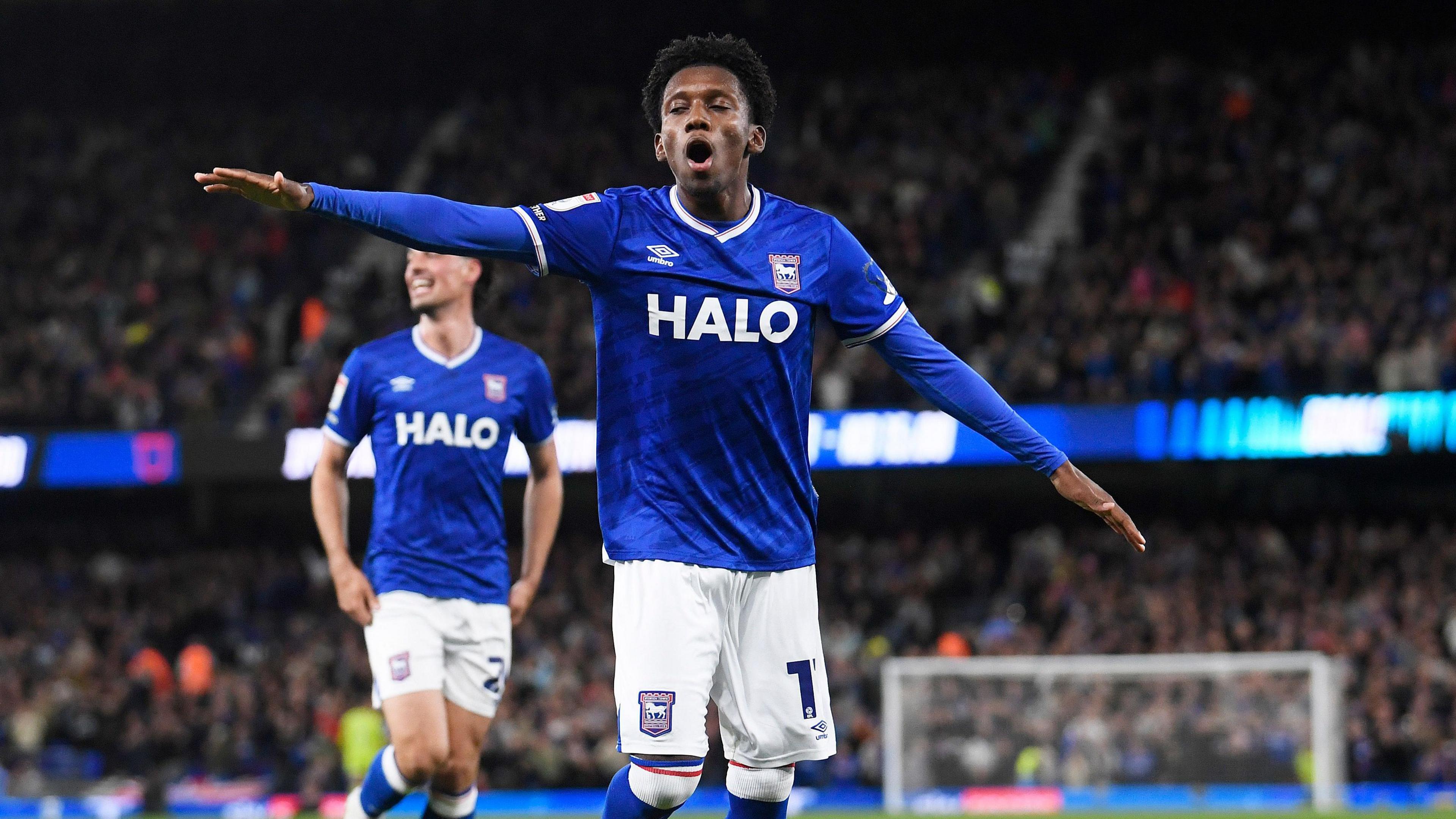 Jaden Philogene celebrating scoring for Ipswich against Sheffield United