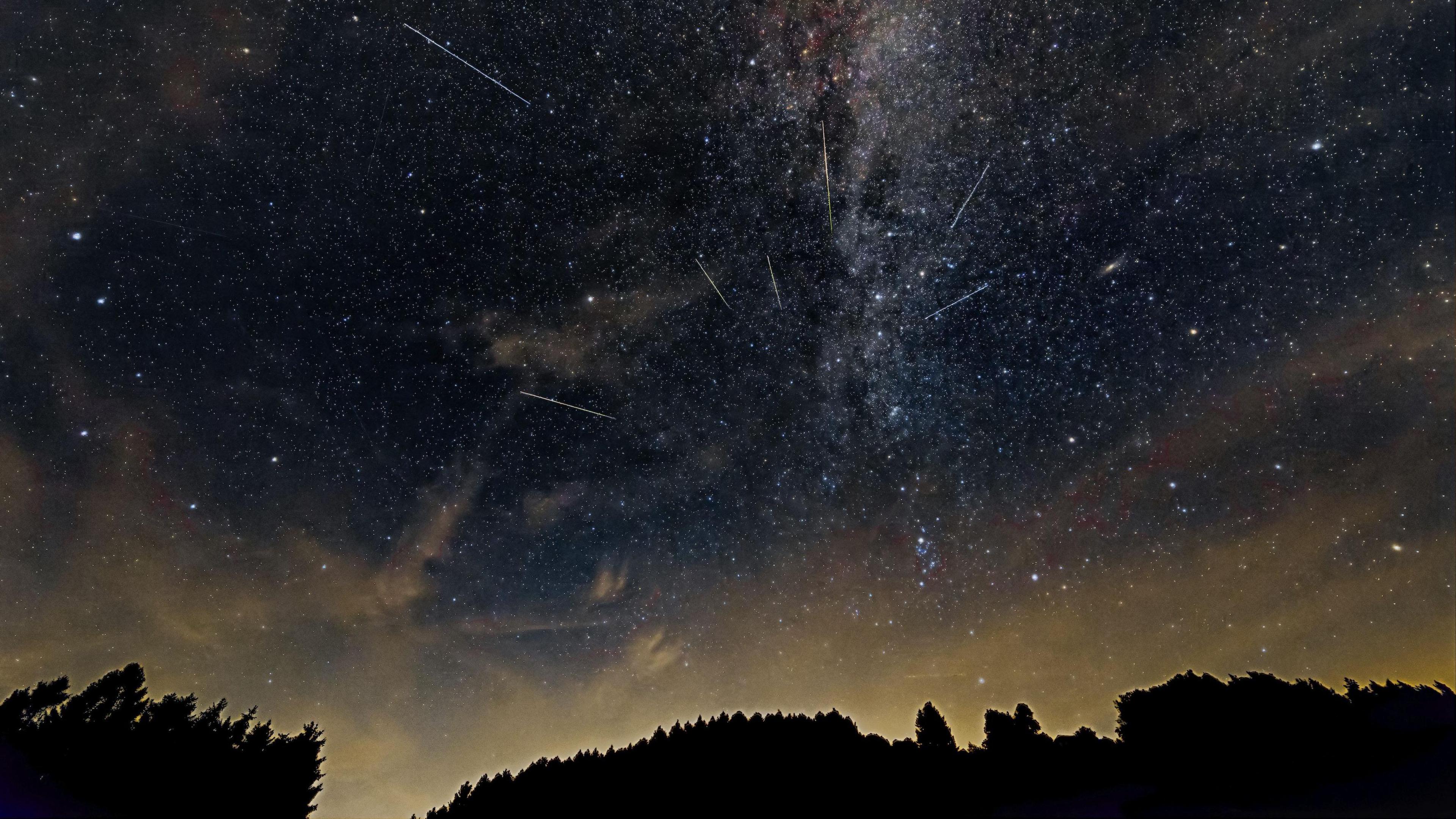 The night sky with the Perseid meteor shower and the Milky Way over a silhouetted landscape