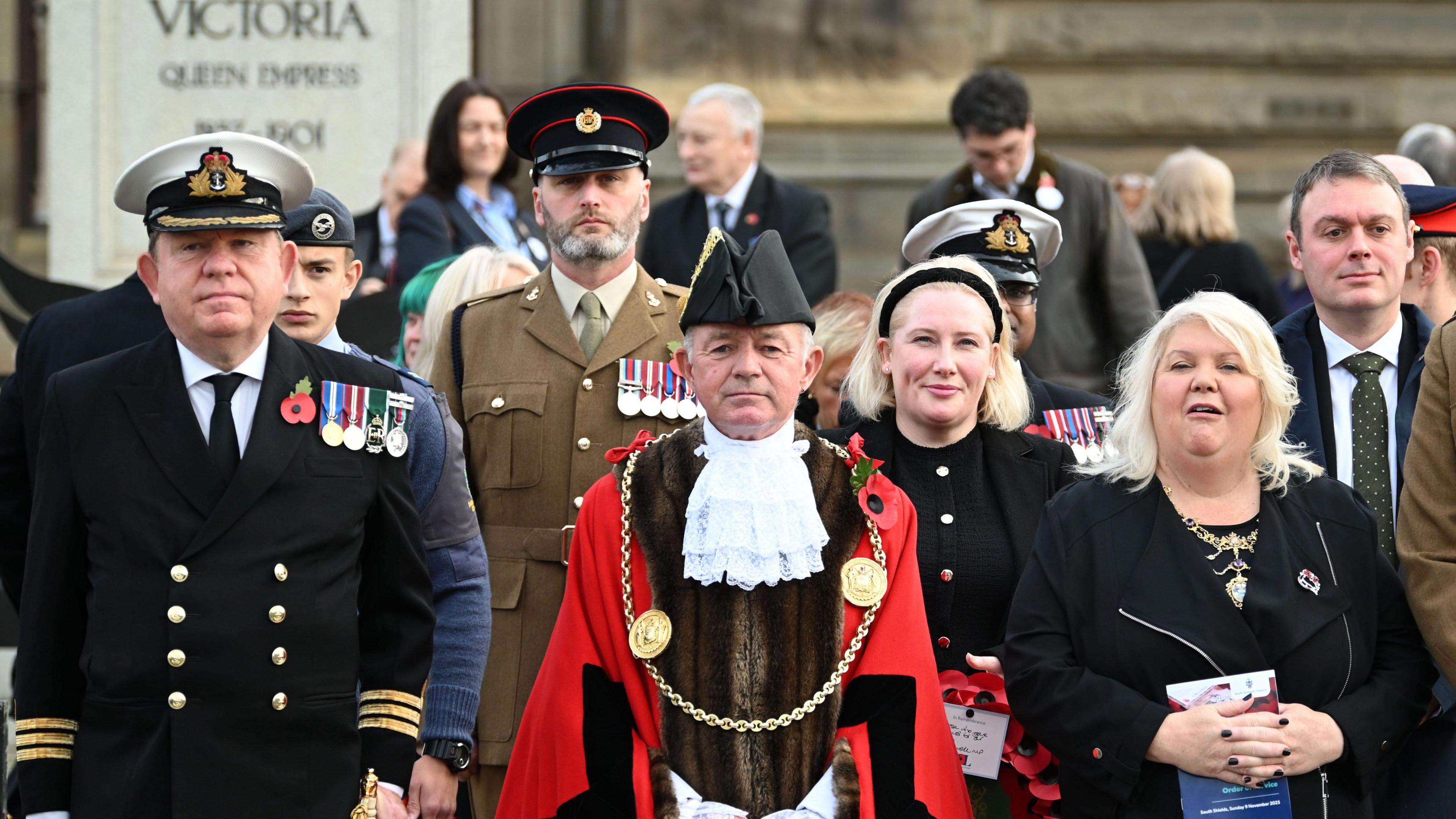 The Mayor of South Tyneside Jay Potts dressed in his ceremonial robe stands with Mayoress Audrey Huntley during the Remembrance Sunday service. They are standing with Deputy Lieutenant Tyne and Wear Cmdr Edward McNaught, South Shields MP Emma Lewell.