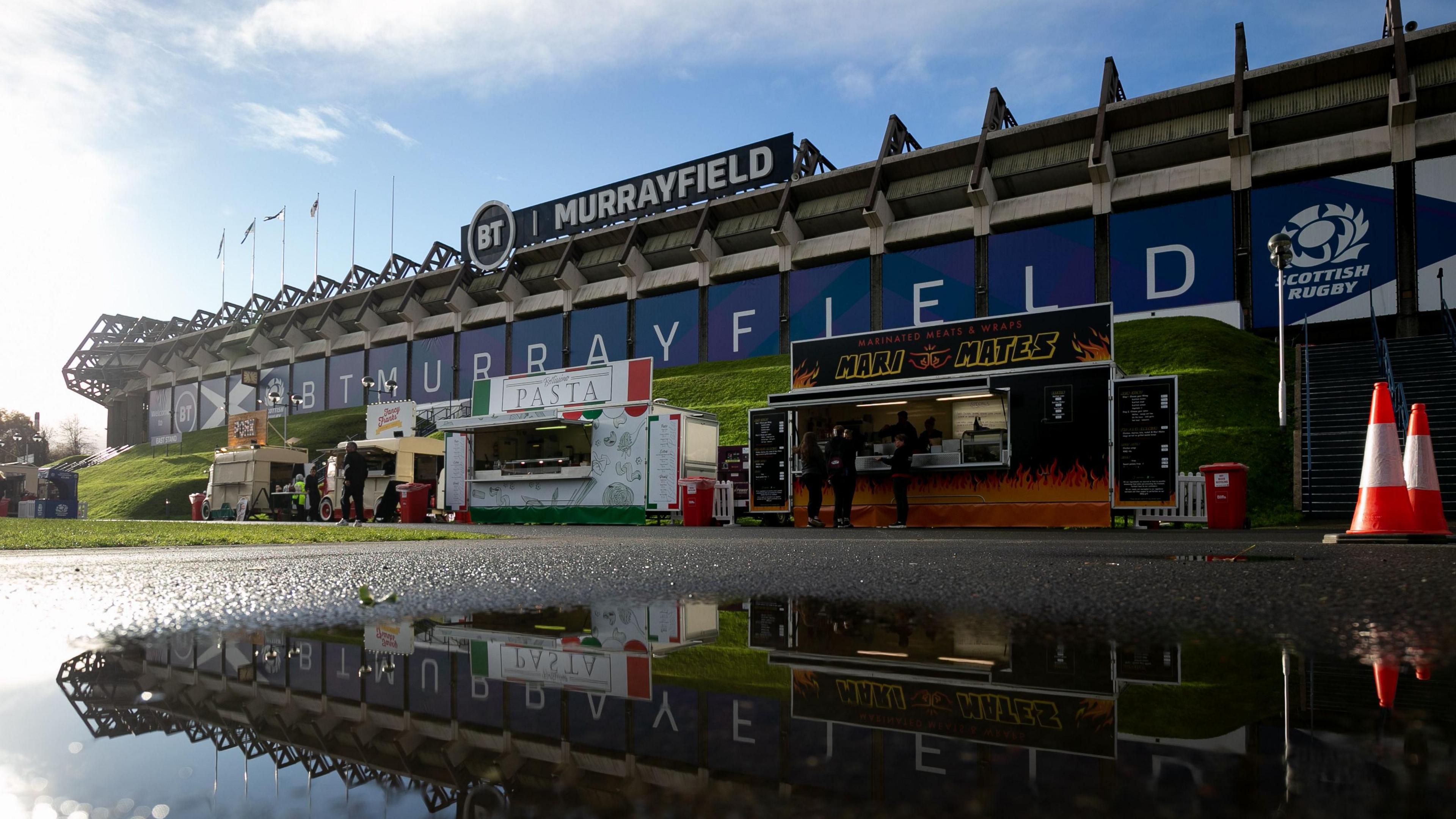 An exterior shot of Murrayfield Stadium on a sunny day
