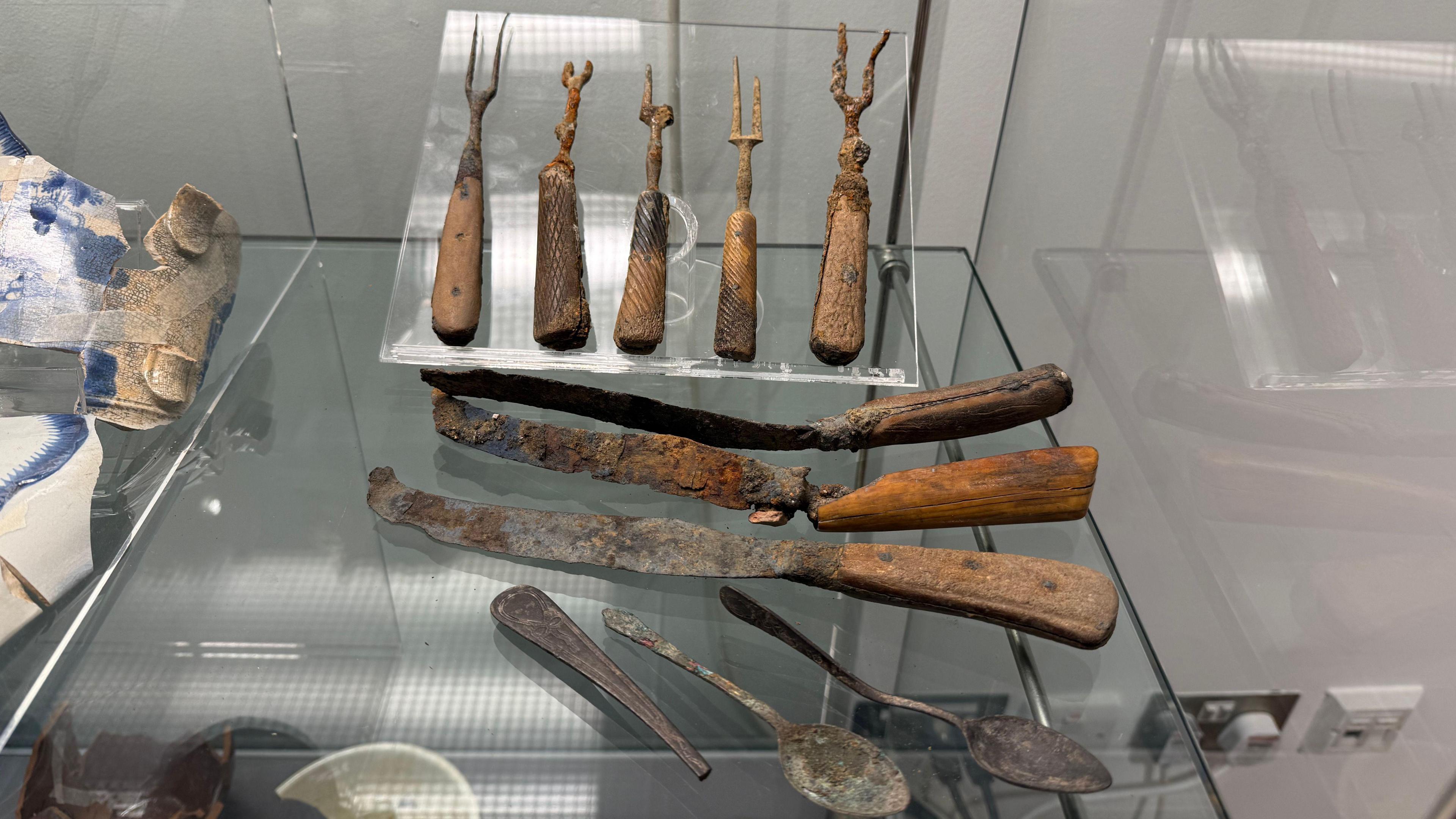 The photo shows an array of items of cutlery. There are five forks which are raised up by a plastic screen, and three knives that are laid down in front of them. They all have wooden handles, and look very rusty. There are also three teaspoons, which are also rusty. 
