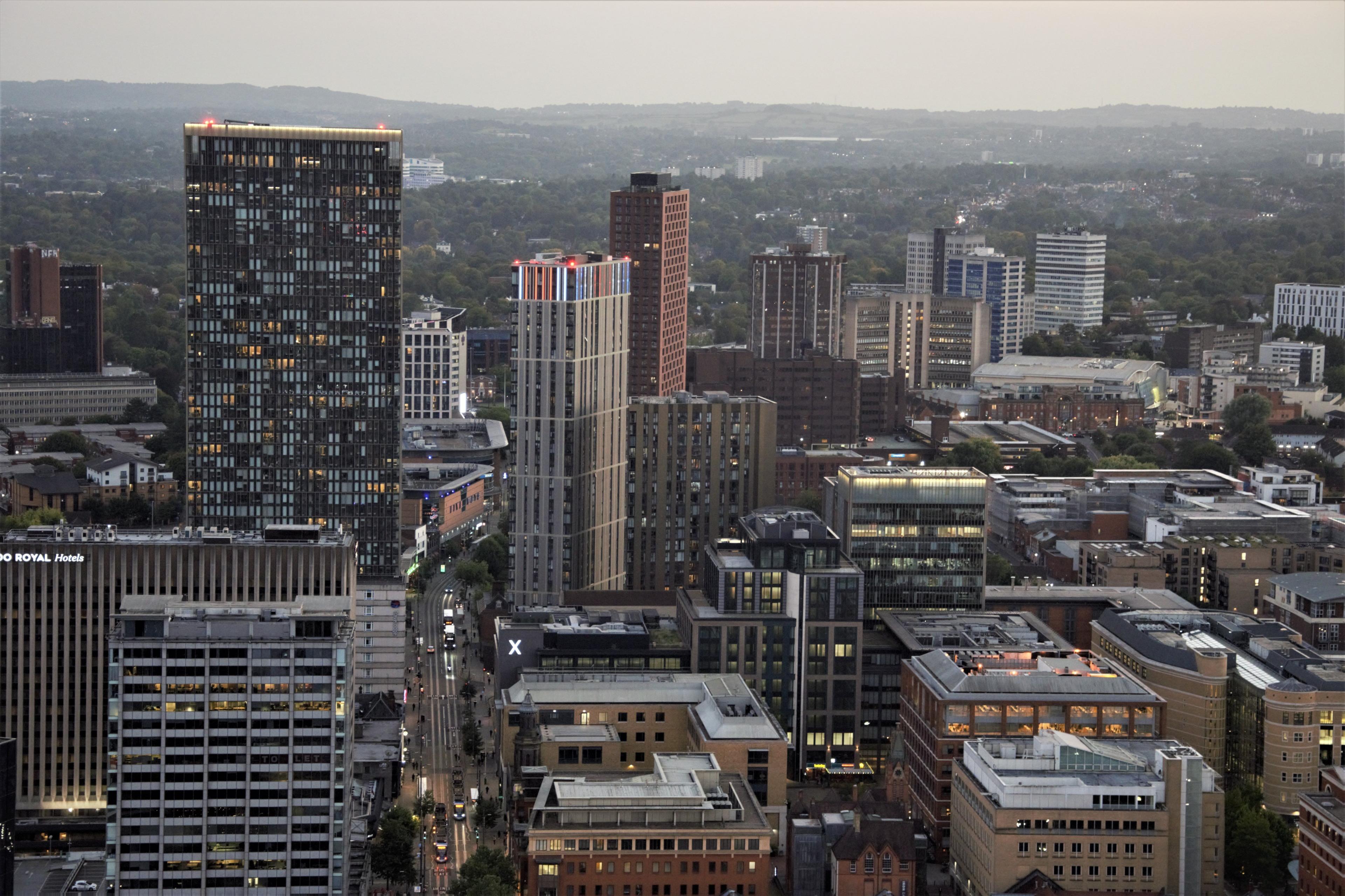 A picture of Birmingham's skyline facing Broad Street. 