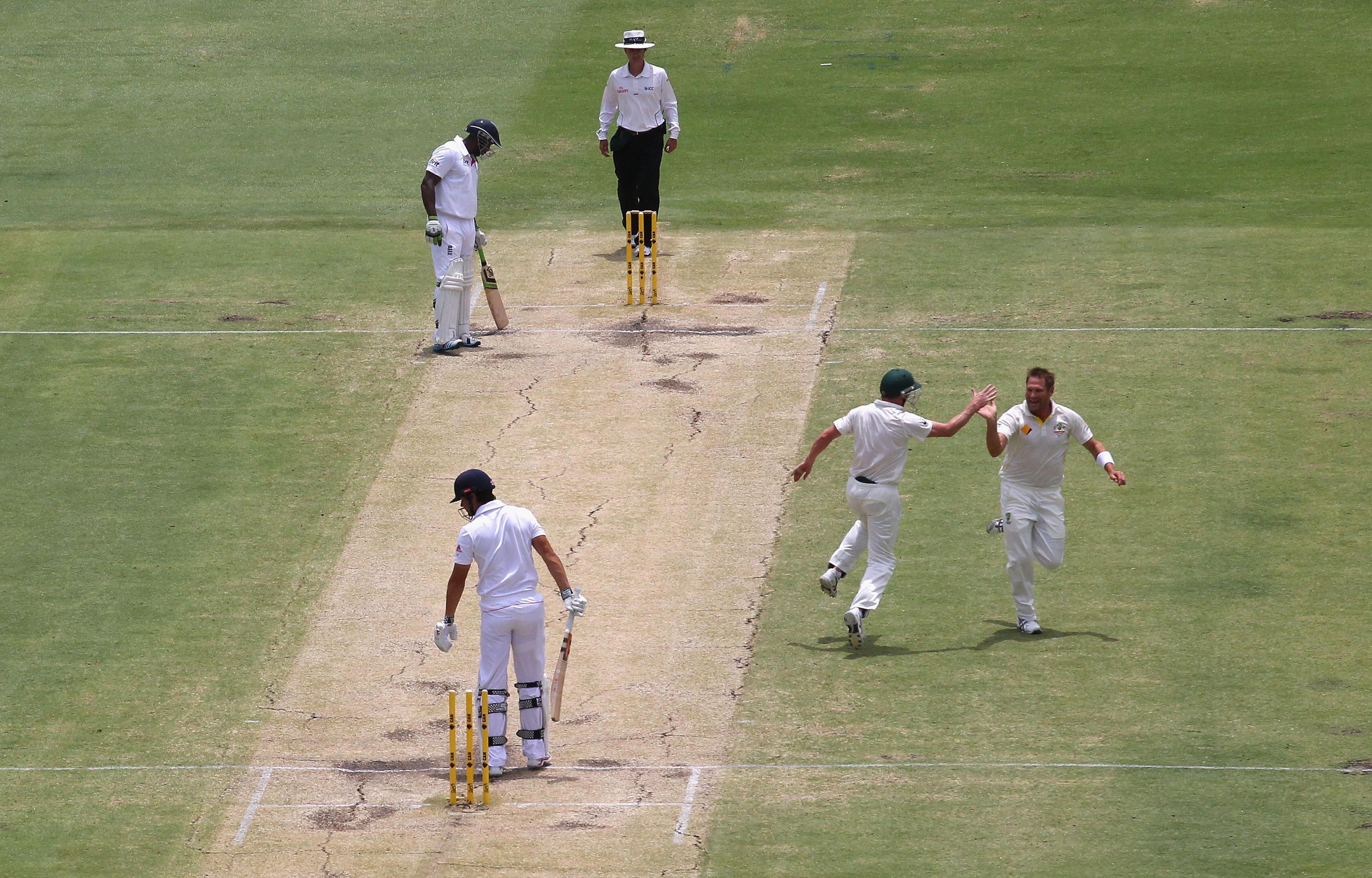 Ryan Harris bowls Alastair Cook with the first ball of the second innings of the Perth Ashes Test in 2013