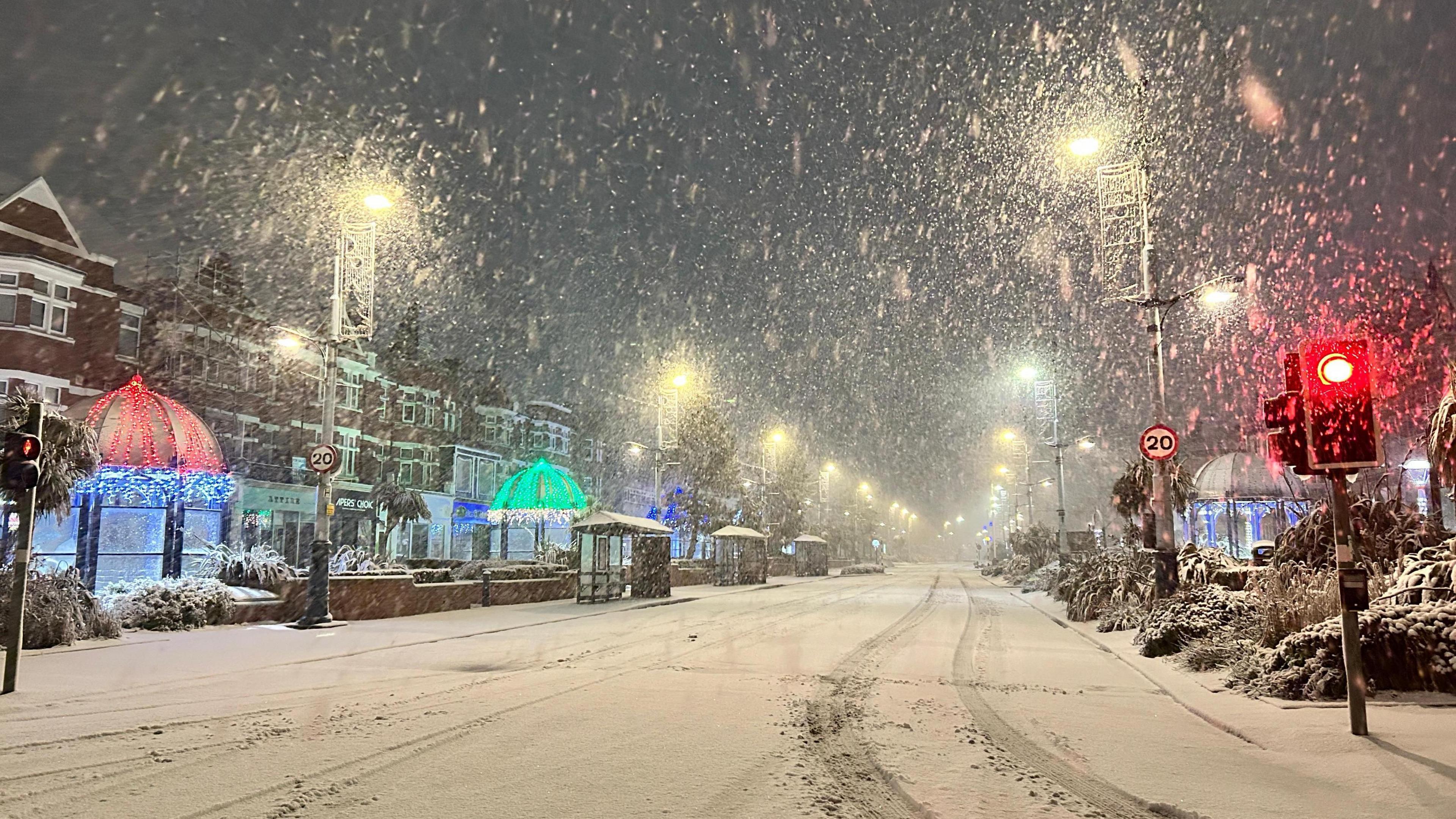 A snowy road in St Annes on the Sea, Lancashire