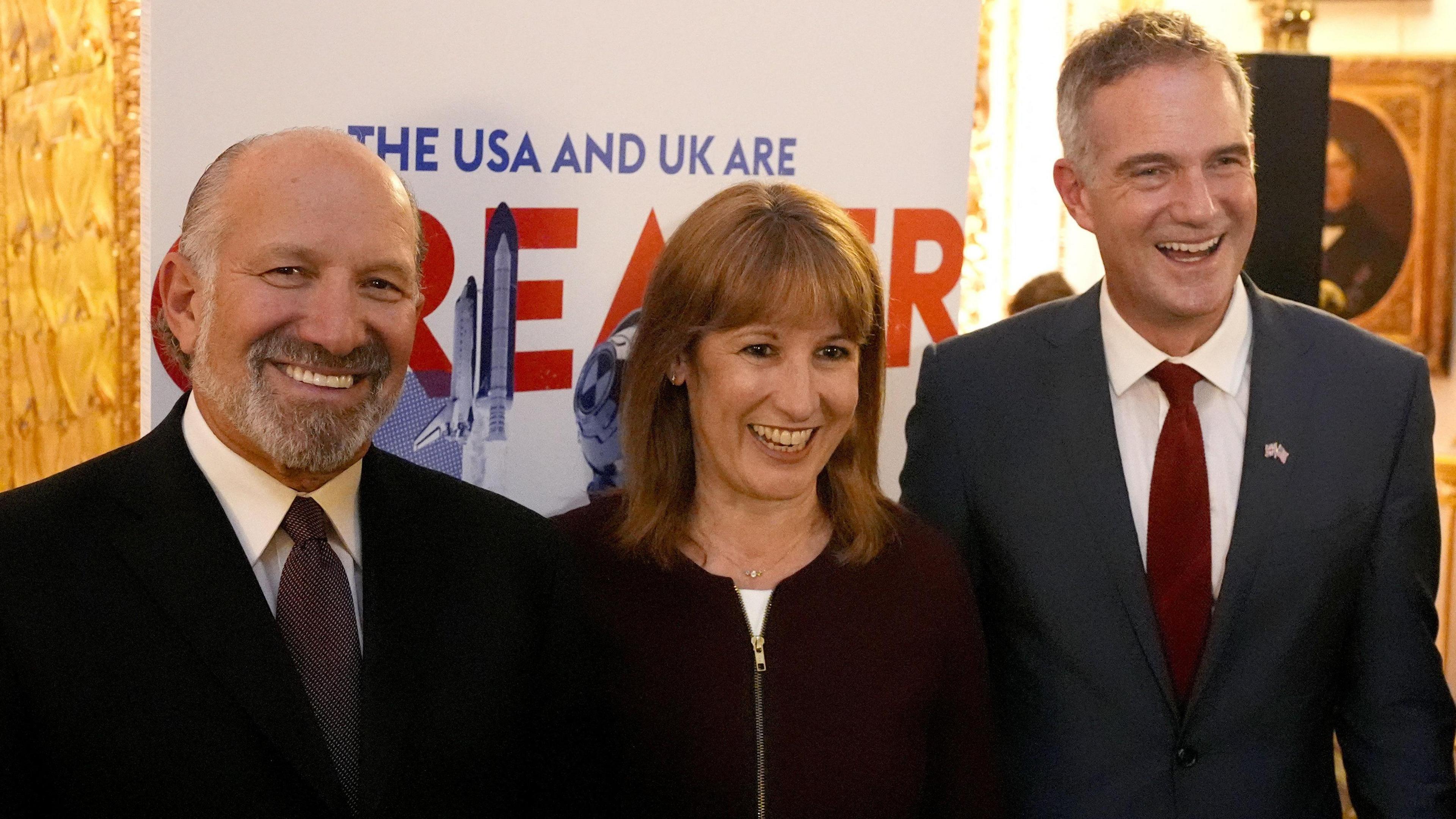 (L-R) US Commerce Secretary Howard Lutnick, UK Chancellor Rachel Reeves and Business Secretary Peter Kyle appear at a reception in London