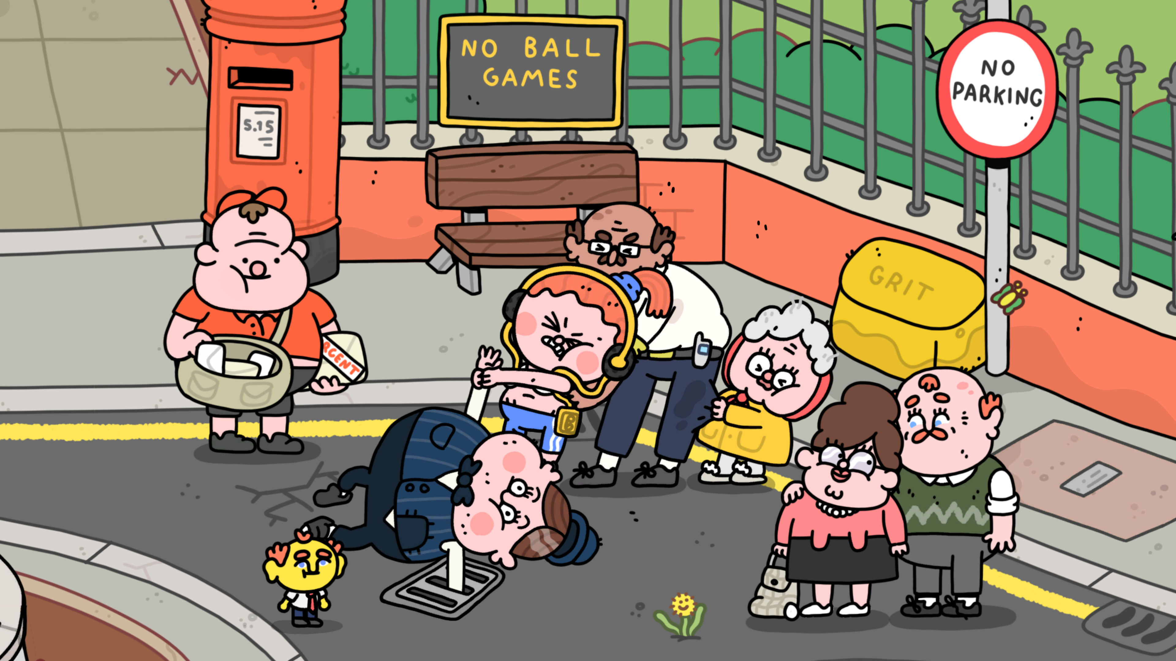 A colourful cartoon scene from Thank Goodness You're Here shows a ragtag cast of characters gathered in a town square. A young girl wearing yellow over-ear headphones is seen tugging at the arm of a man wearing a waistcoat and bow tie. He's lying down, his other arm stuck between the holes of a stormdrain cover.