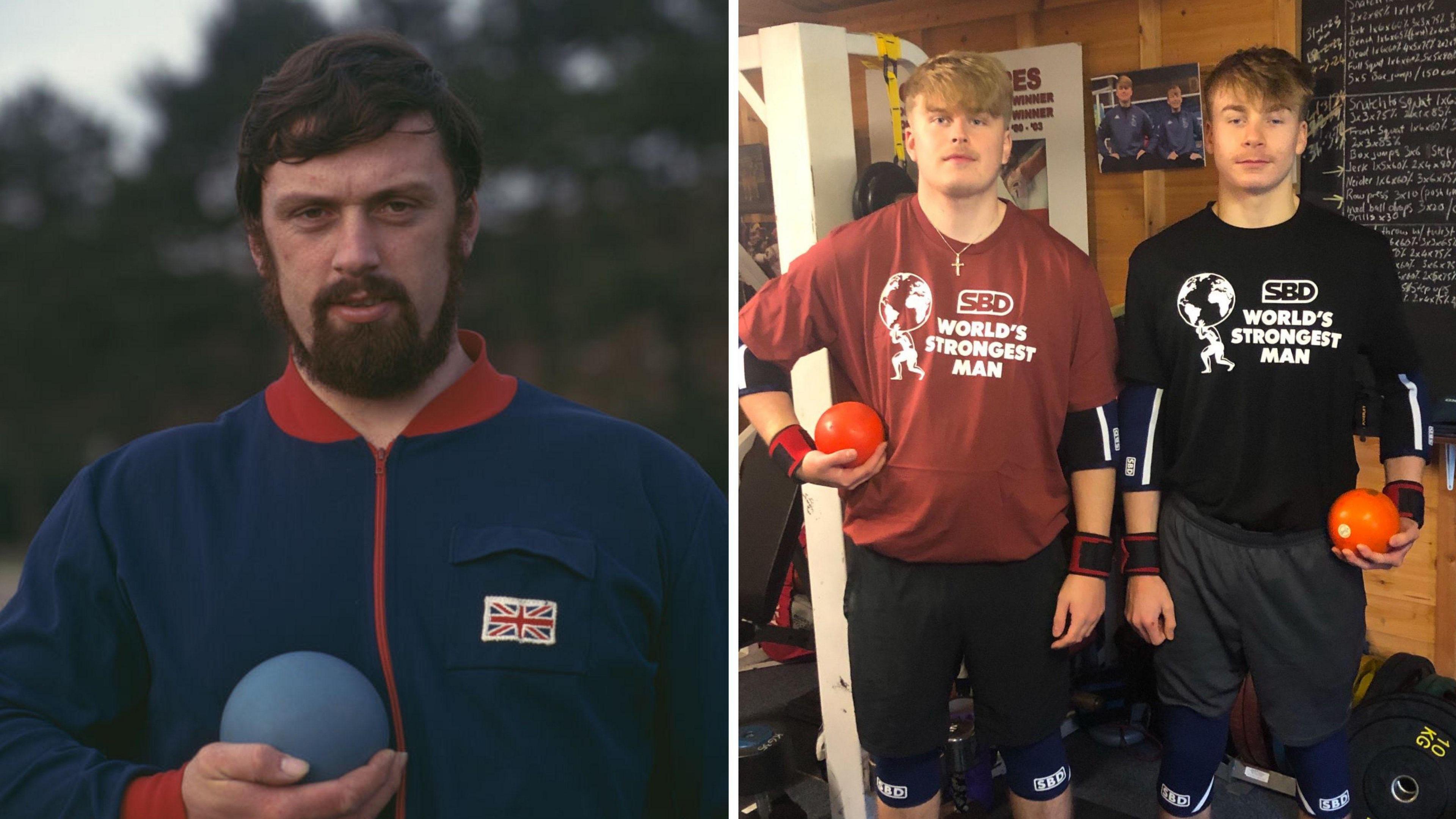 On the left of a two-image collage, Geoff Capes holds a shot (as used in shot put) while wearing a Great Britain tracksuit top. On the right, Donovan and Lawson Capes - who are his grandsons - stand next to each other holding shots.