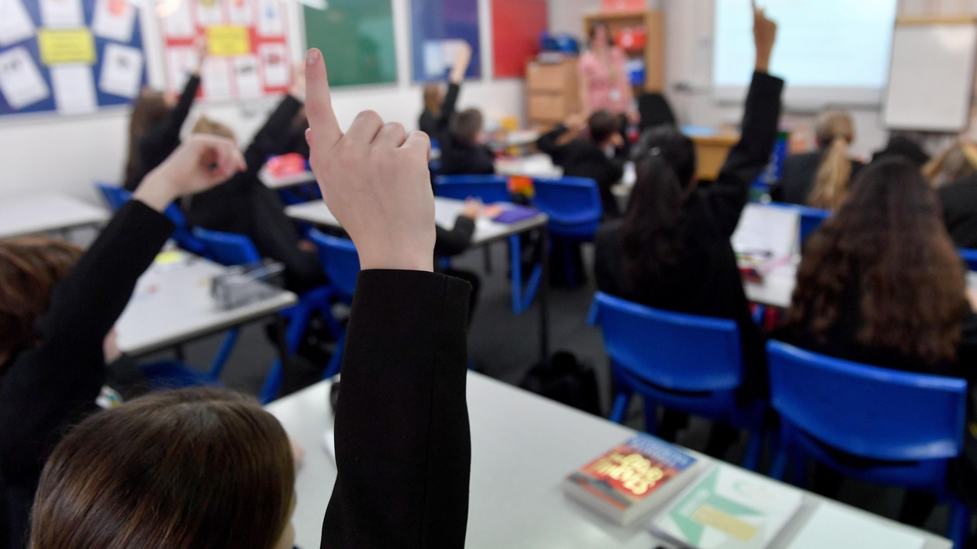 Pupils raise their hands in a lesson.