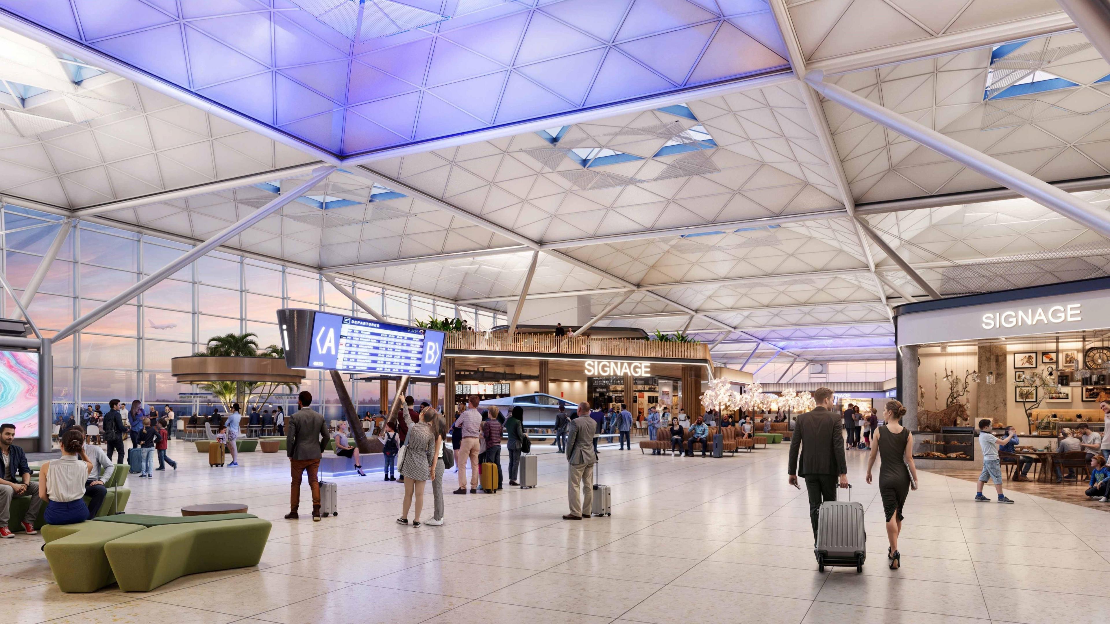 A CGI image how the departures lounge at Stansted could look. It is a large, open-plan room underneath a white roof. There are various shops and a departures board. Passengers are walking through with their suitcases.