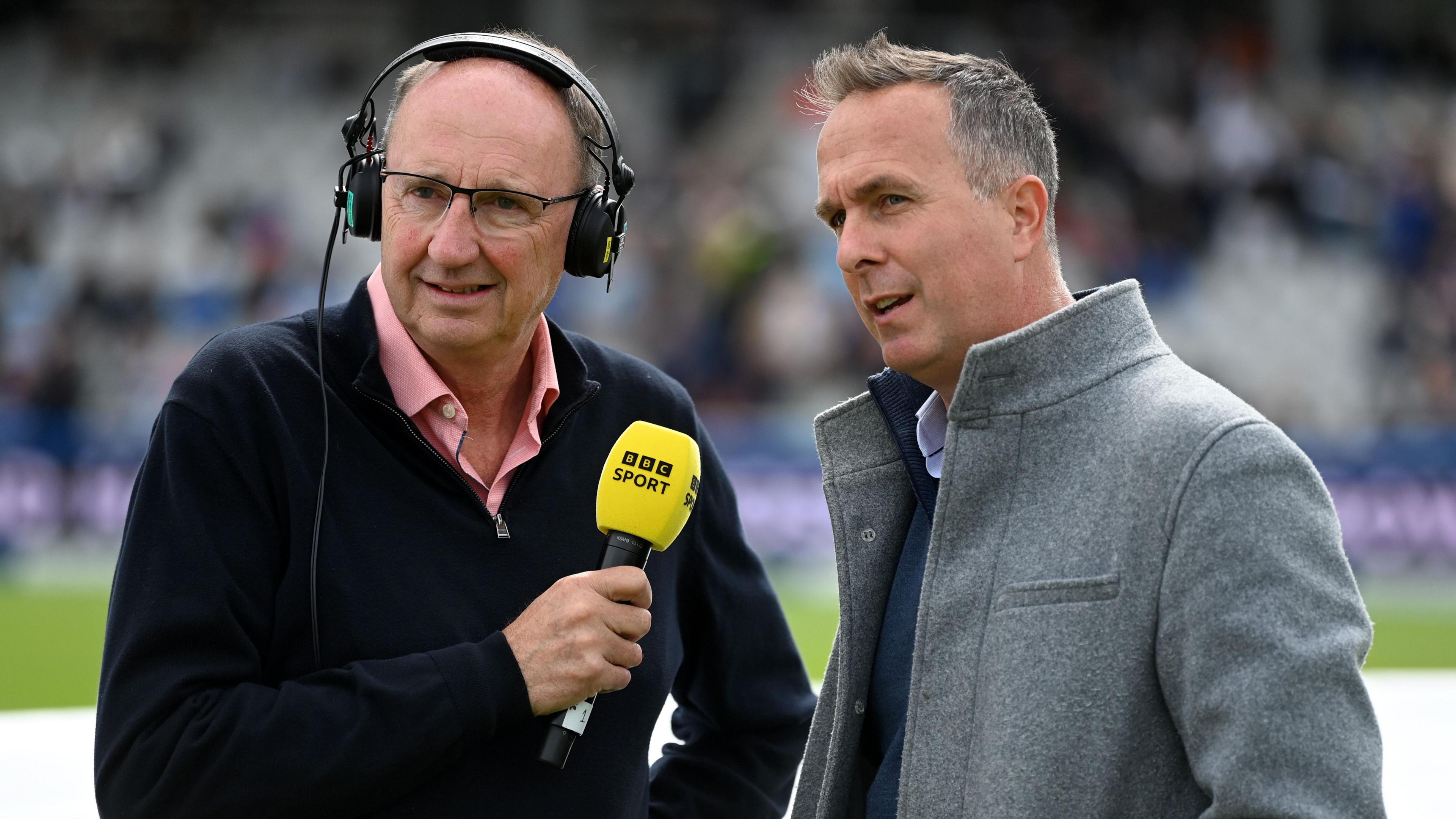 BBC chief cricket commentator Jonathan Agnew (left) speaks to former England captain Michael Vaughan (right)