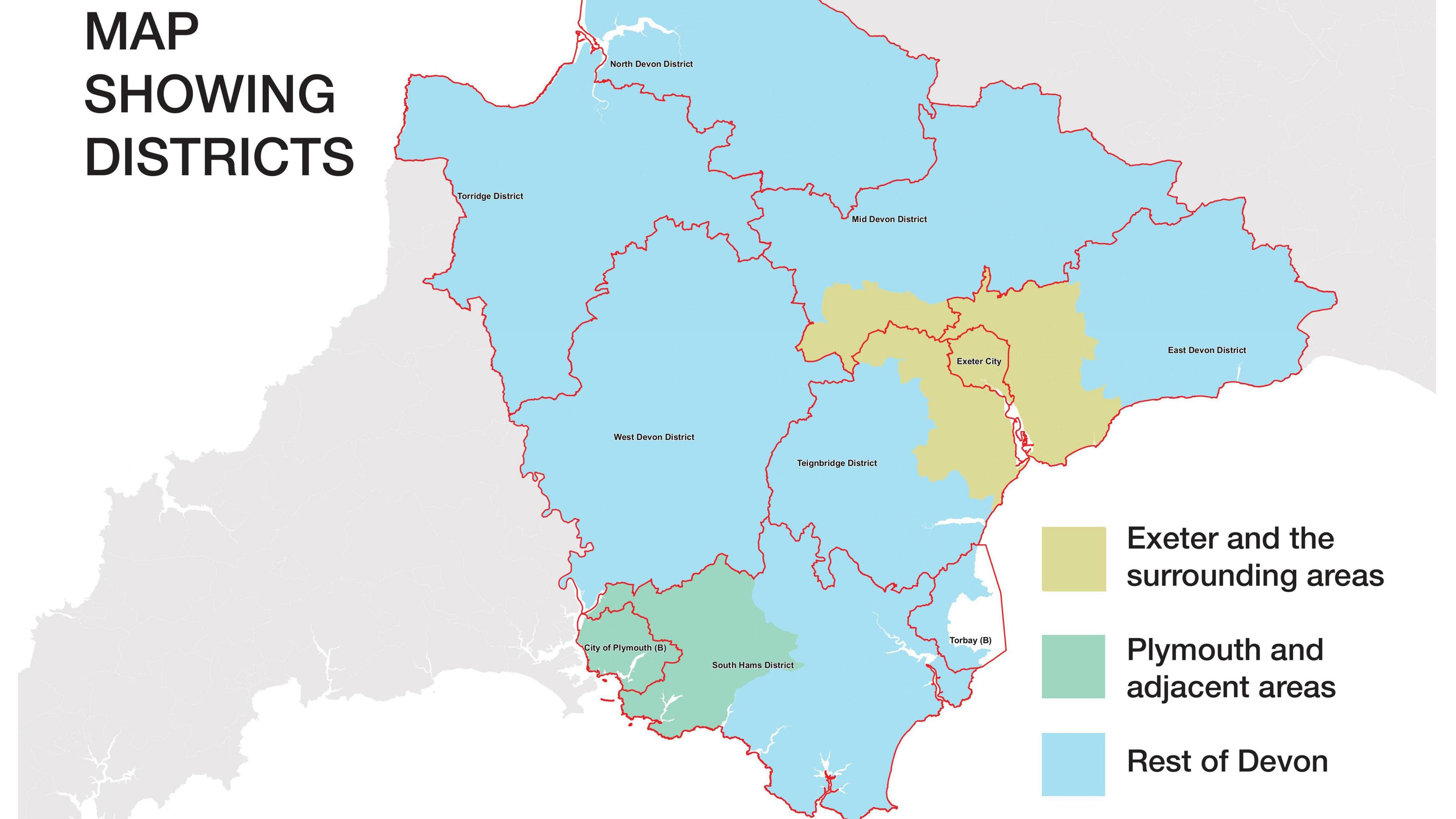 A map showing the different local authorities in Devon with the area Exeter would like to expand into in beige, the area Plymouth would like to occupy in light green and the rest of Devon in blue. Torbay is marked on the map and is also in blue.