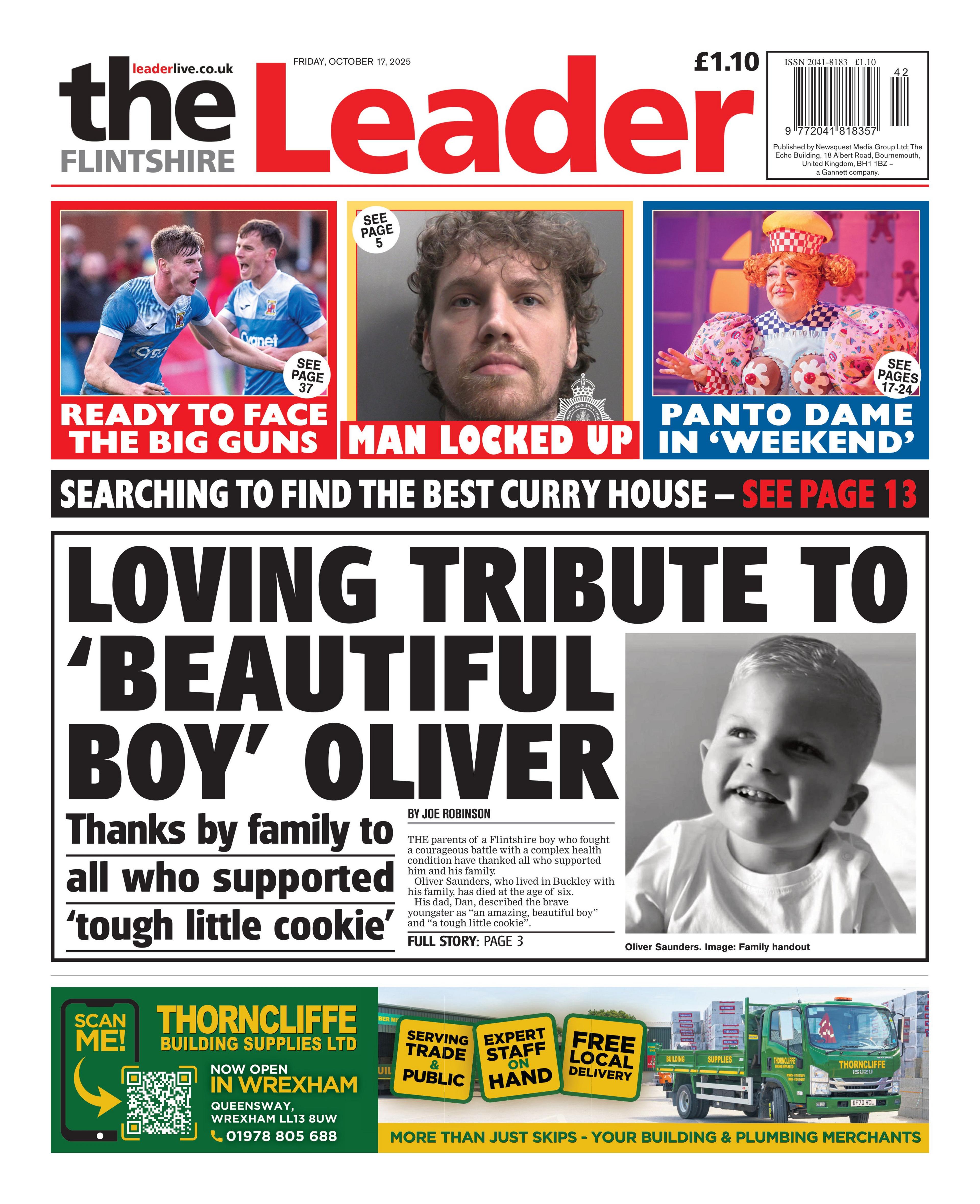 Front page of the Flintshire Leader shows the main headline "Loving tribute to 'beautiful boy' Oliver" next to a black and white portrait image of a young boy wearing a white t-shirt. Other headlines read: "Ready to face the big guns", "Man locked up", "Panto dame in 'weekend'" and "Searching to find the best curry house". 