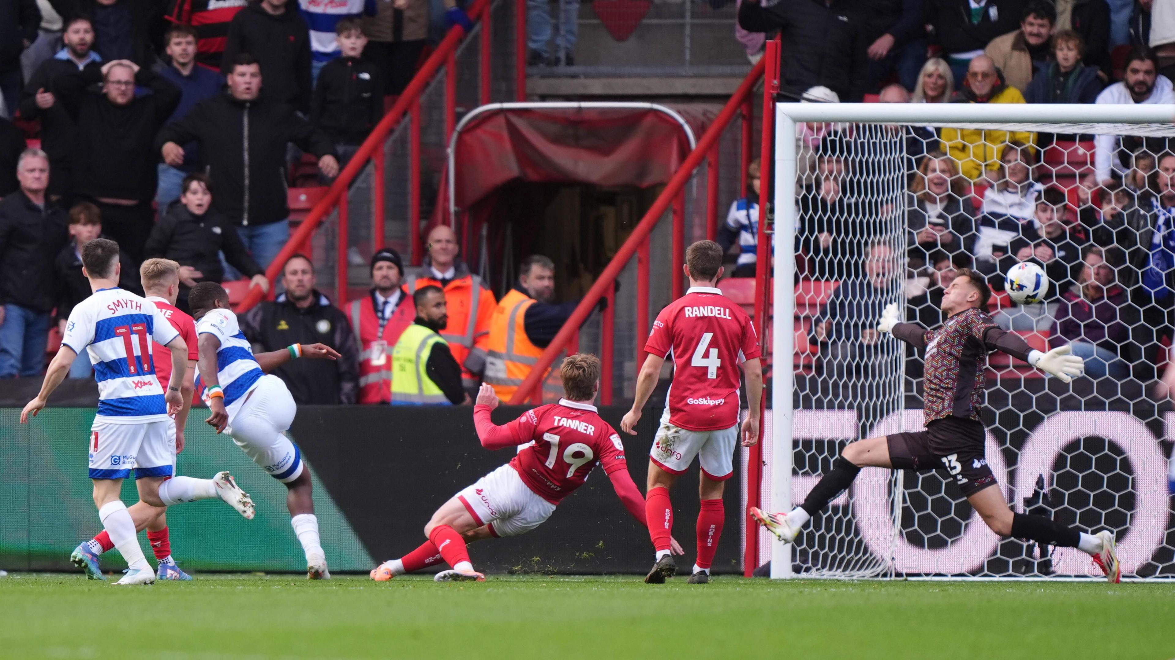 Richard Kone scores QPR's first goal against Bristol City