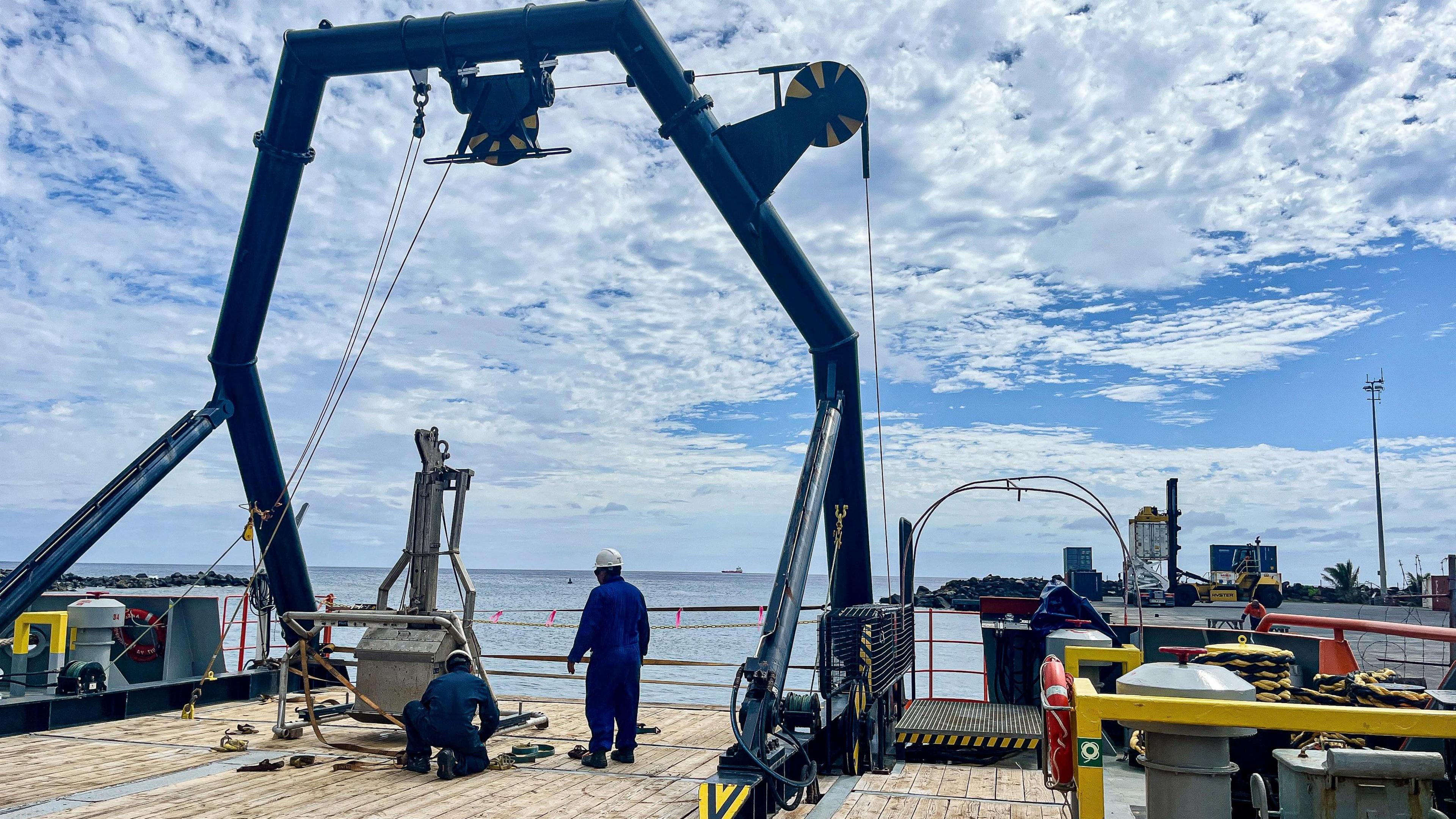 On deck on the vessel of one of the companies awarded an exploratory licence for deep-sea mining