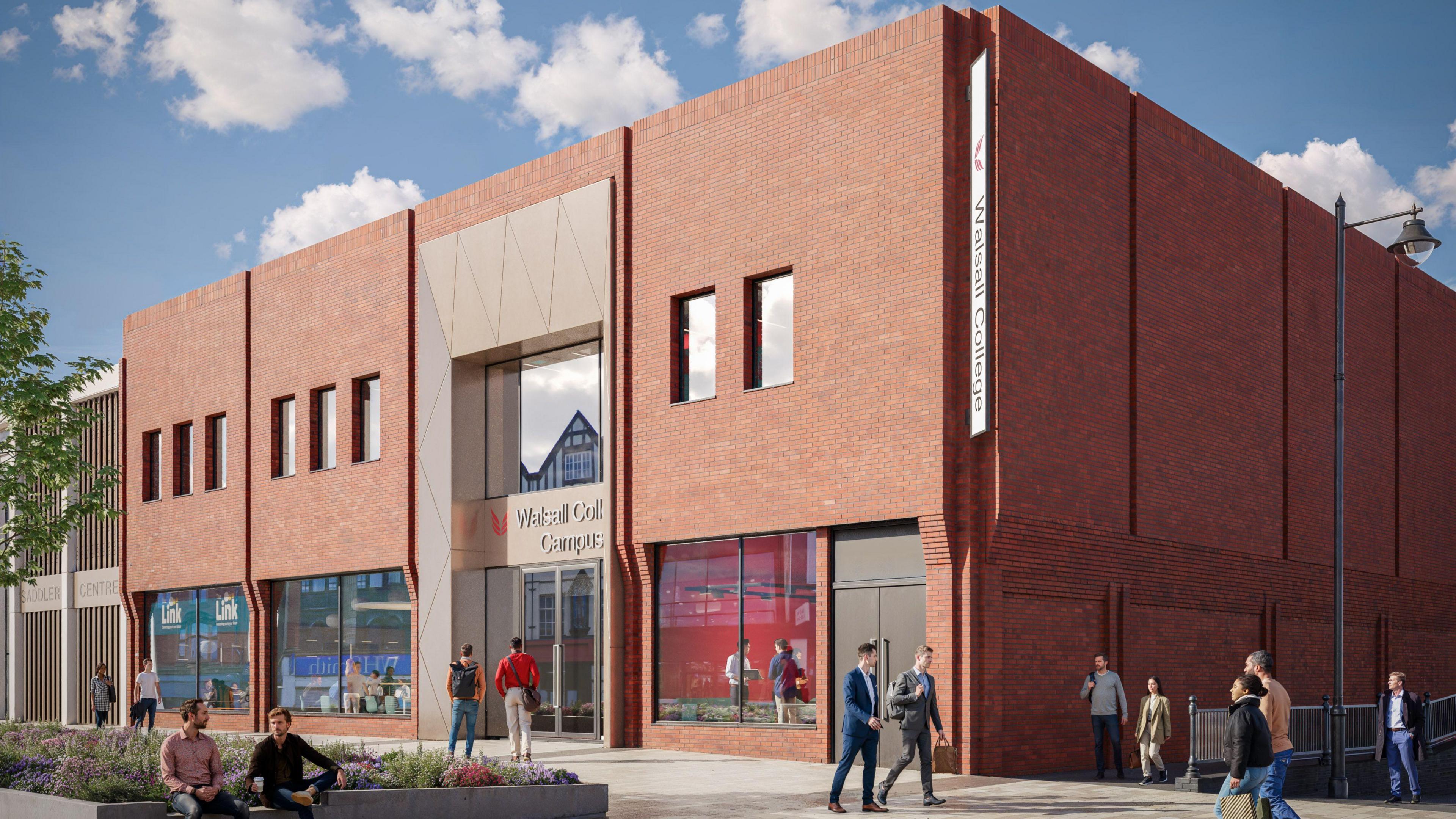 A computer generated image of a two storey red brick building, with people walking past outside.