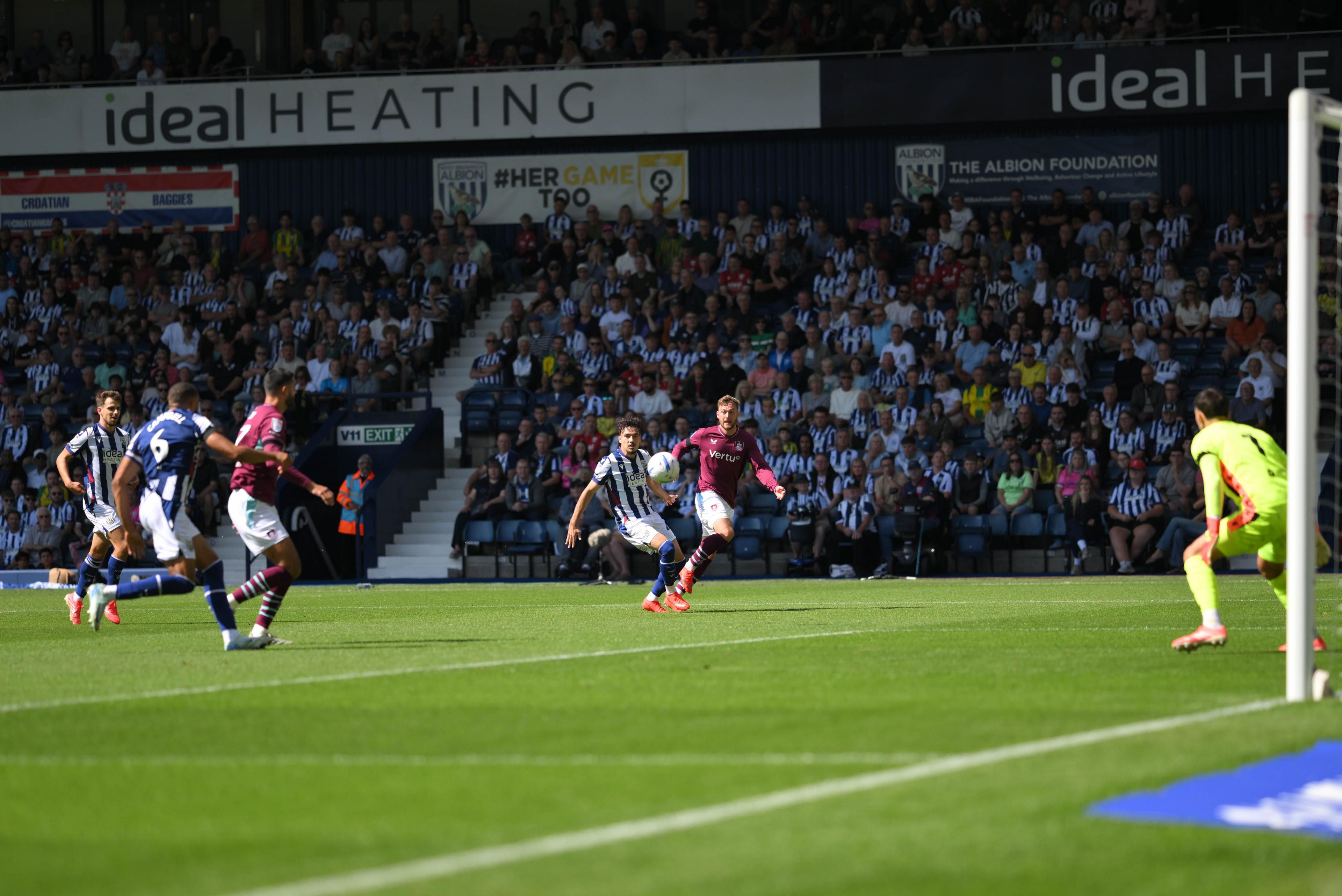Bruun Larsen's left-flank delivery on its way to being met by Albion defender Calum Styles, whose own goal broke rhe deadlock against Burnley at The Hawthorns