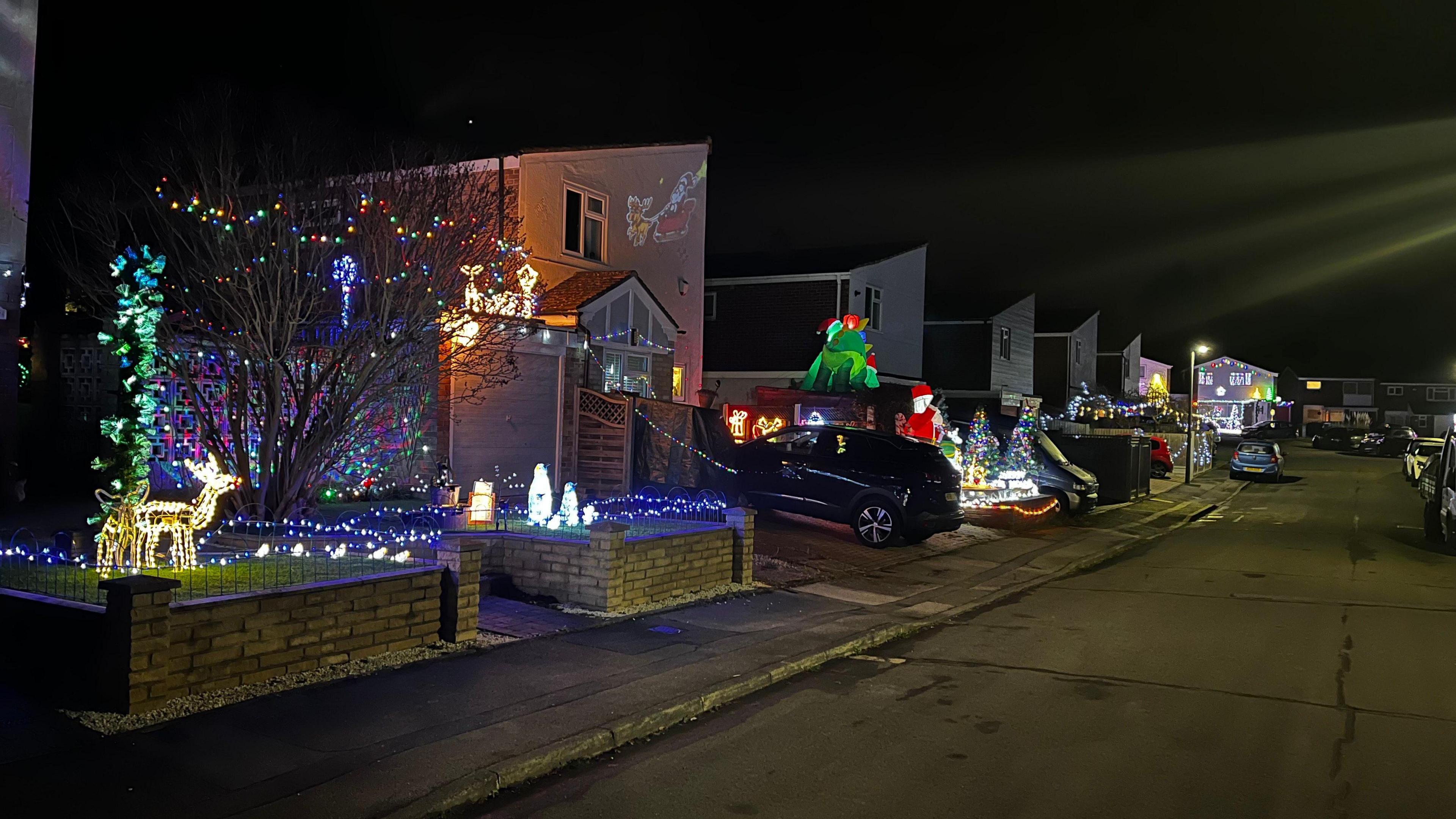 A street is pictured at night - each house has colourful lights, figurines and other decorations displayed in their gardens and driveways