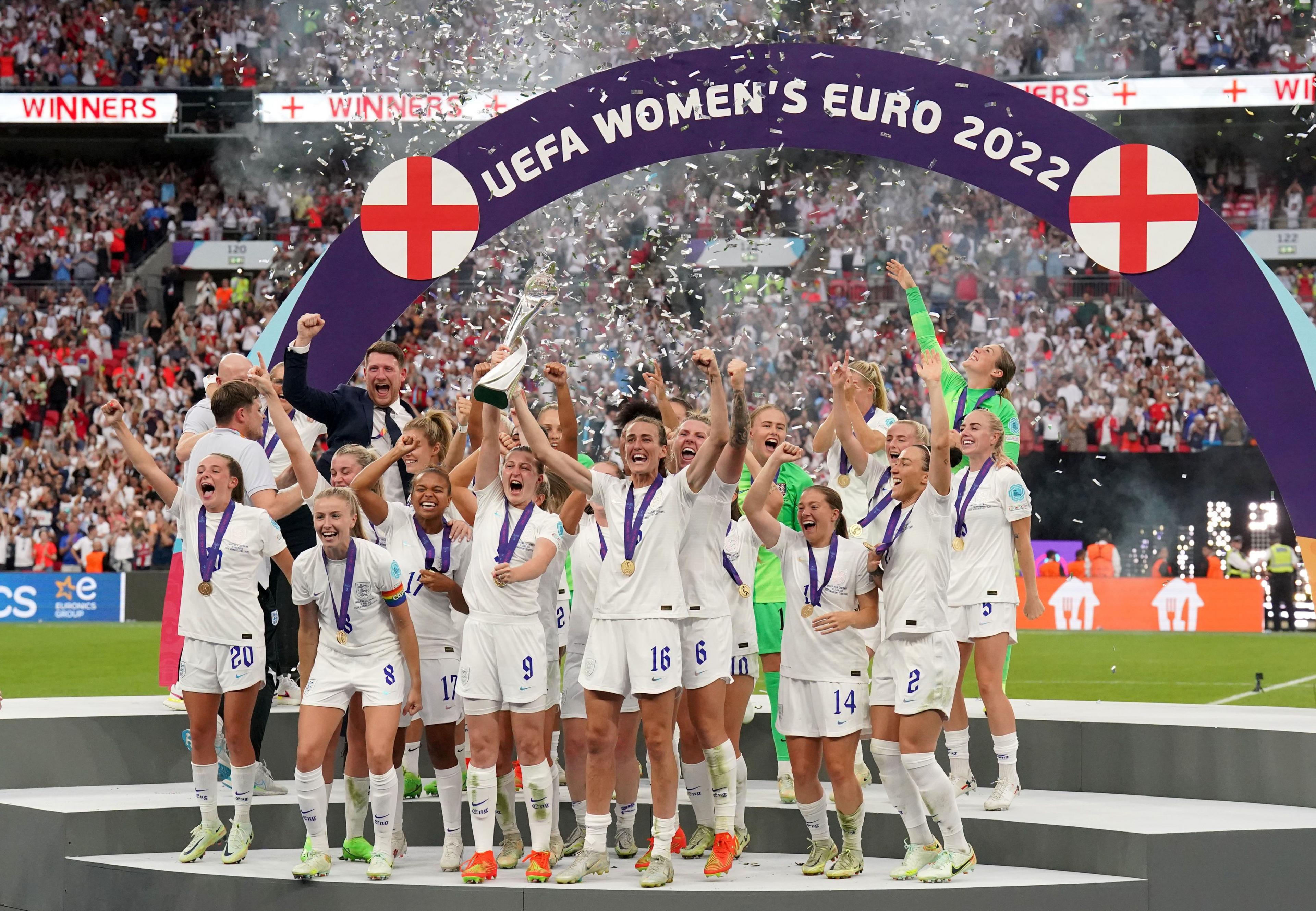 England's women's football team celebrating and lifting the trophy after winning the UEFA Women's Euros 2022