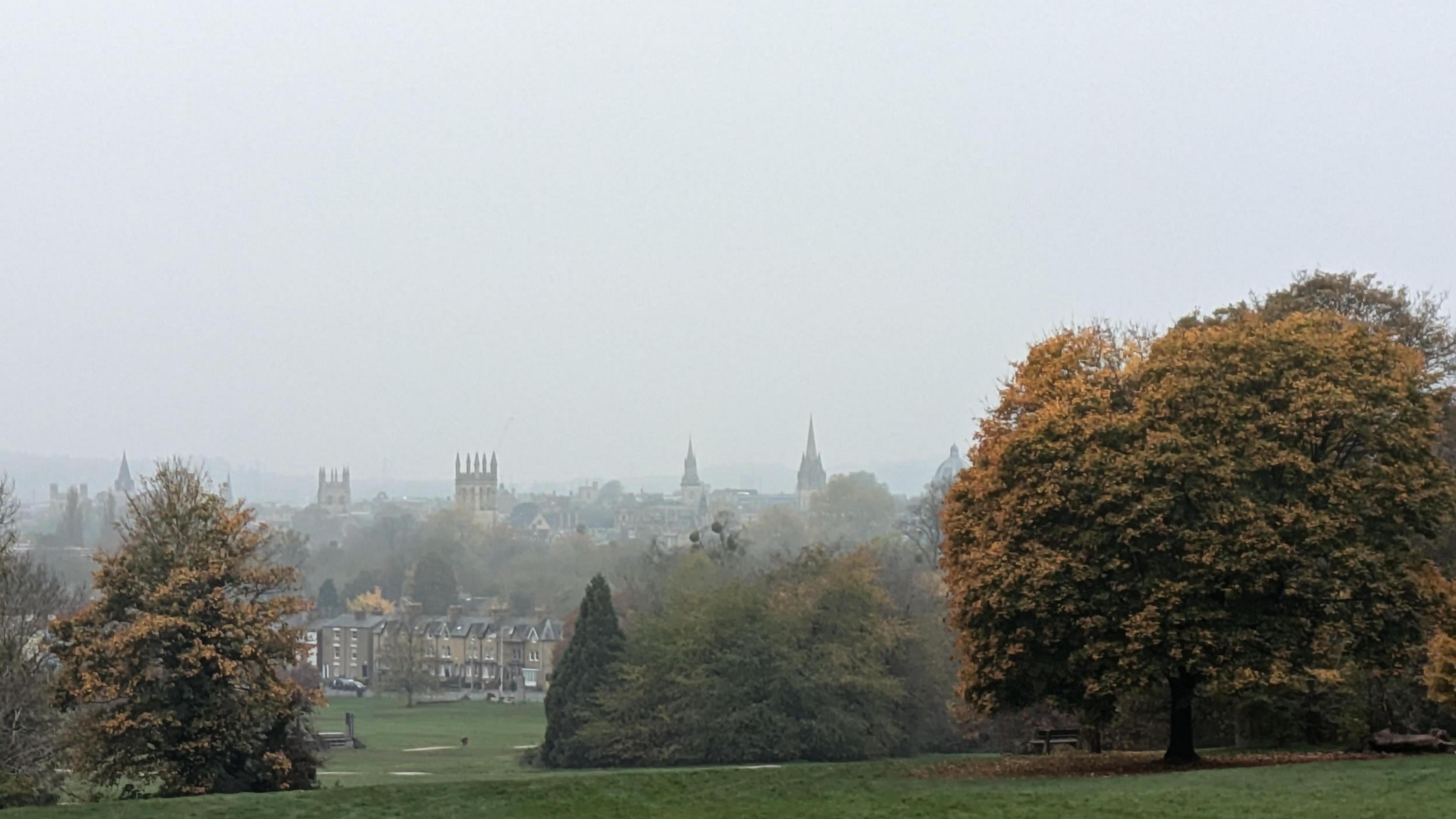 The spires of Oxford are seen against the horizon under thick cloudy skies from a high vantage point. Trees in autumnal colours are seen in the foreground. 