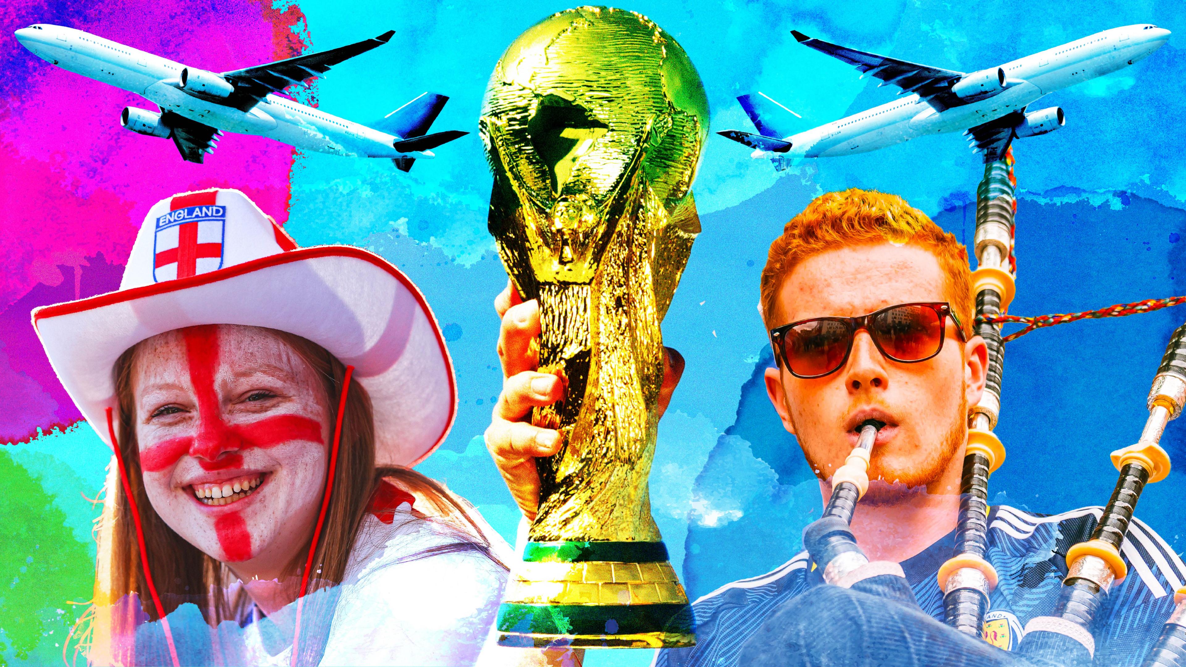 A graphic of an England fan in hat and face paint, the World Cup trophy and a Scotland fan with bagpipes