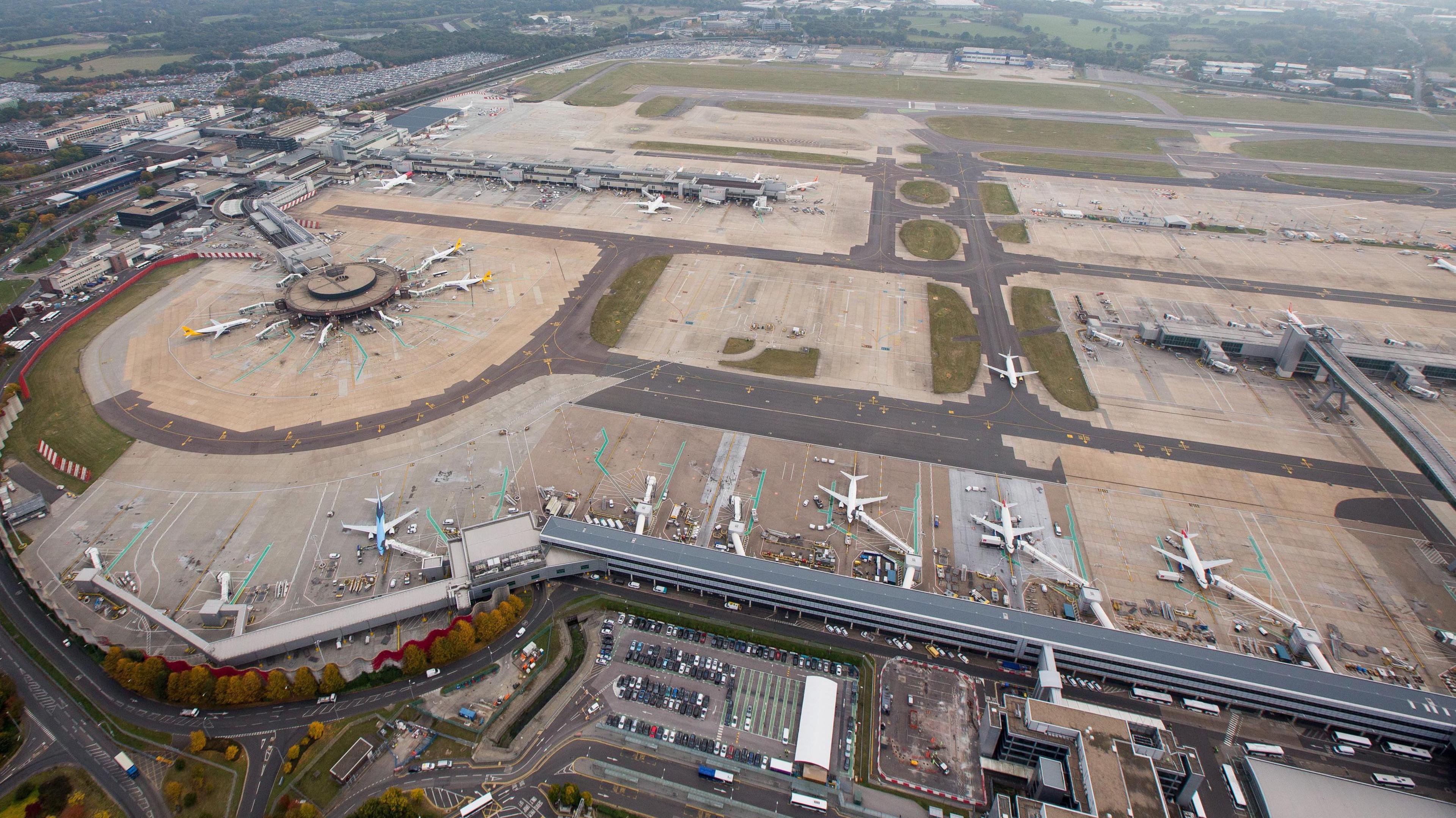 An aerial view over Gatwick Airport.