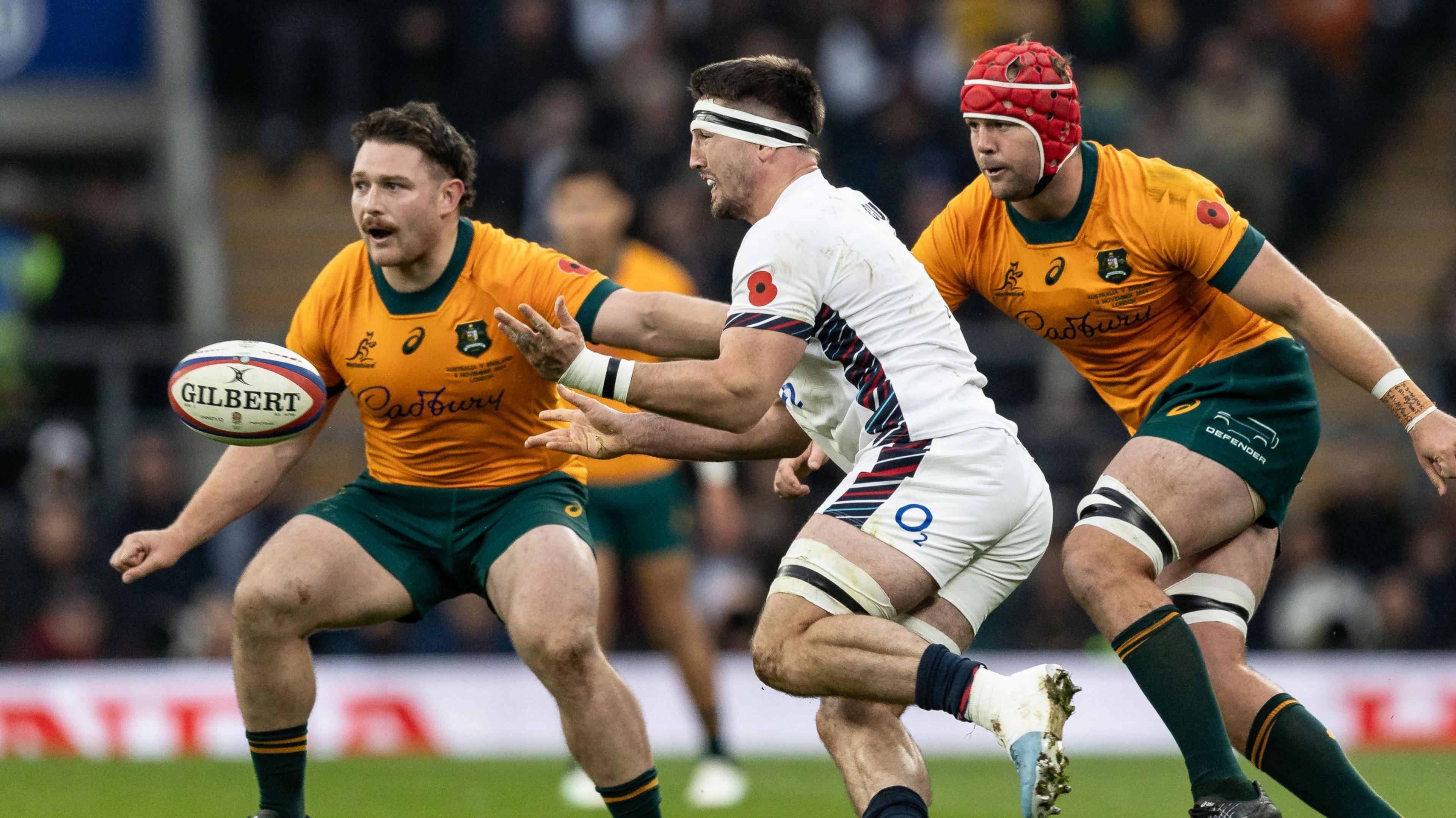 Tom Curry playing for England against Australia