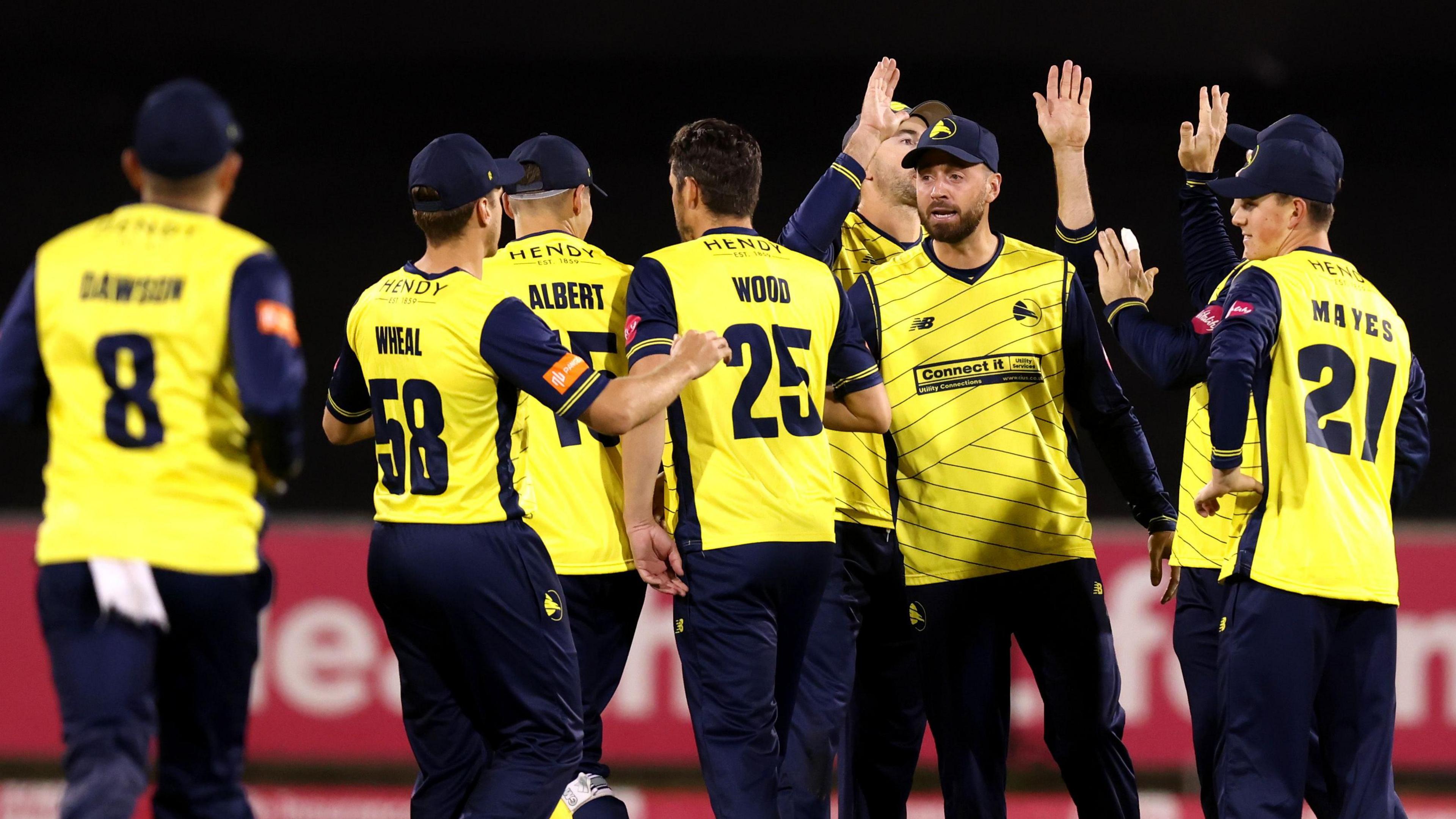 Captain James Vince is at the centre of a Hampshire huddle after the team take a wicket away to Durham in the T20 Blast quarter-final