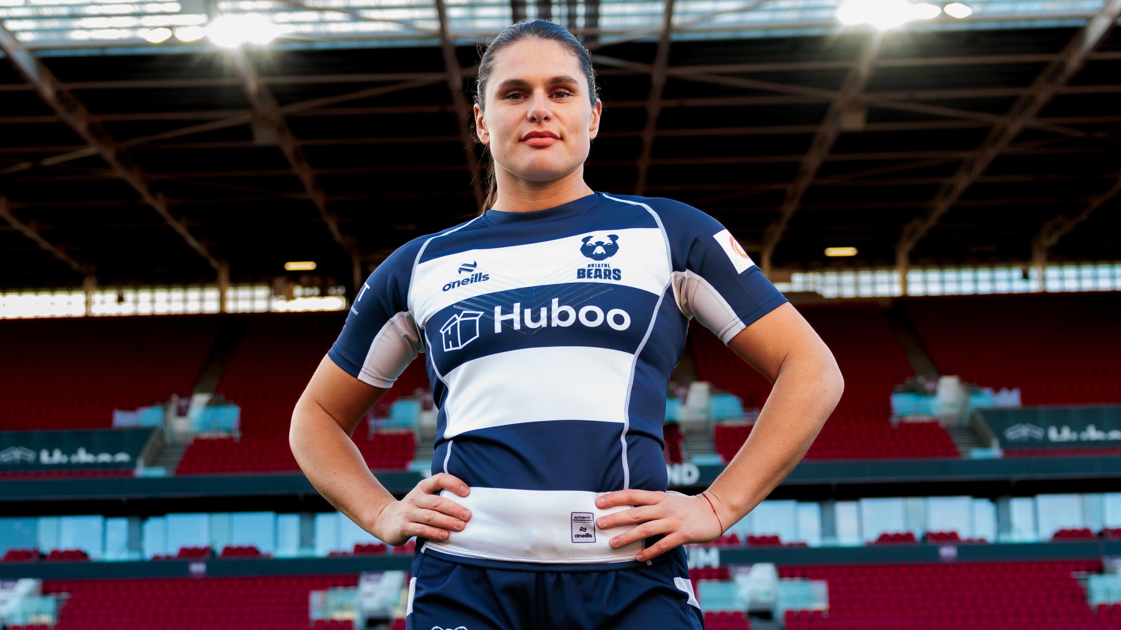 Ilona Maher wearing Bristol Bears' kit after her signing was announced