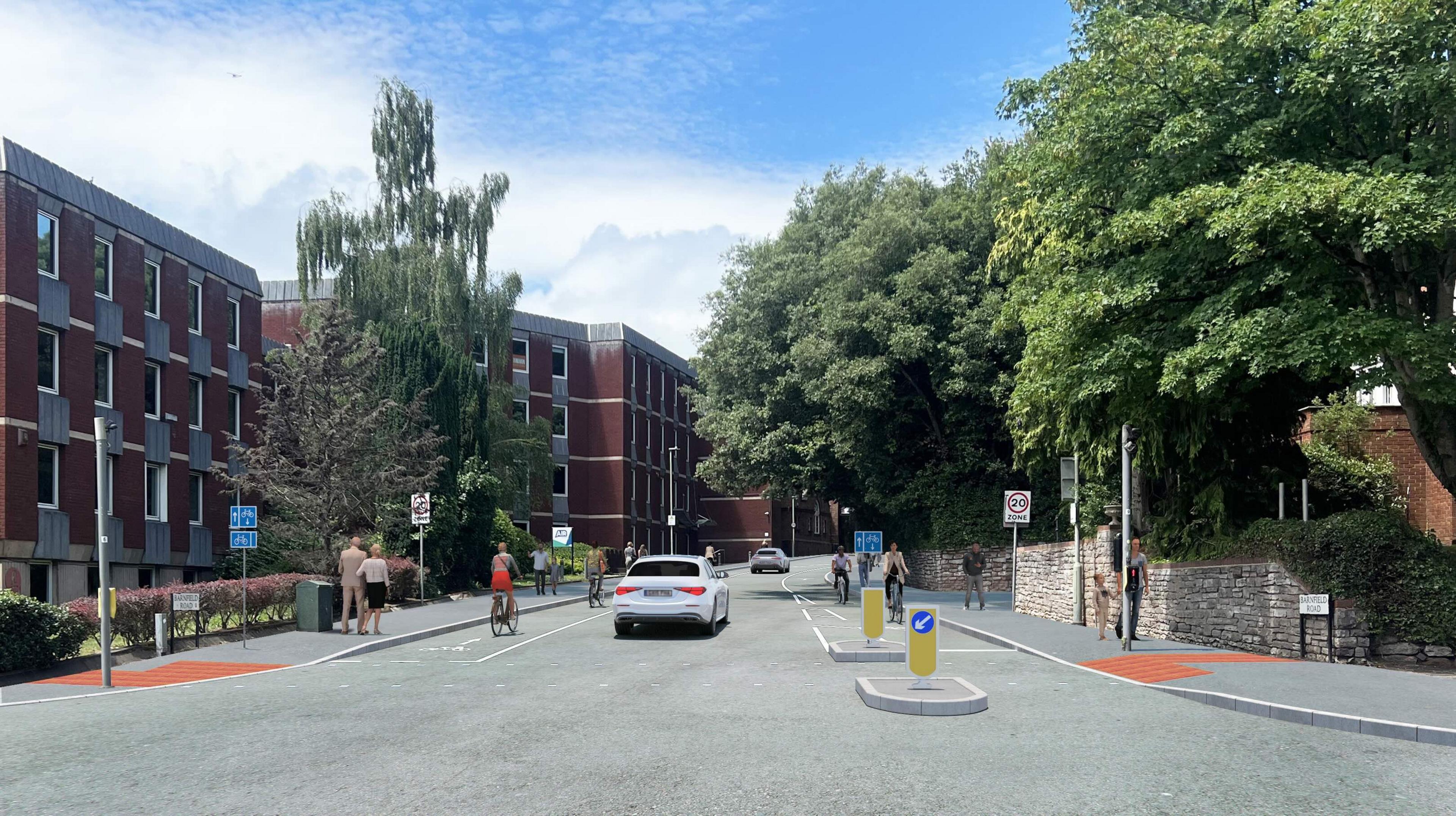 The image is a computer-generated visual of a proposed new layout for Barnfield Road in Exeter. Key features include dedicated cycle lanes marked with white dashed lines, a pedestrian-friendly design, a cyclist using the bike lane, a white car and two multi-story brick buildings on the left and a cluster of trees on the right bringing a pleasing verdant vibe to the scene.