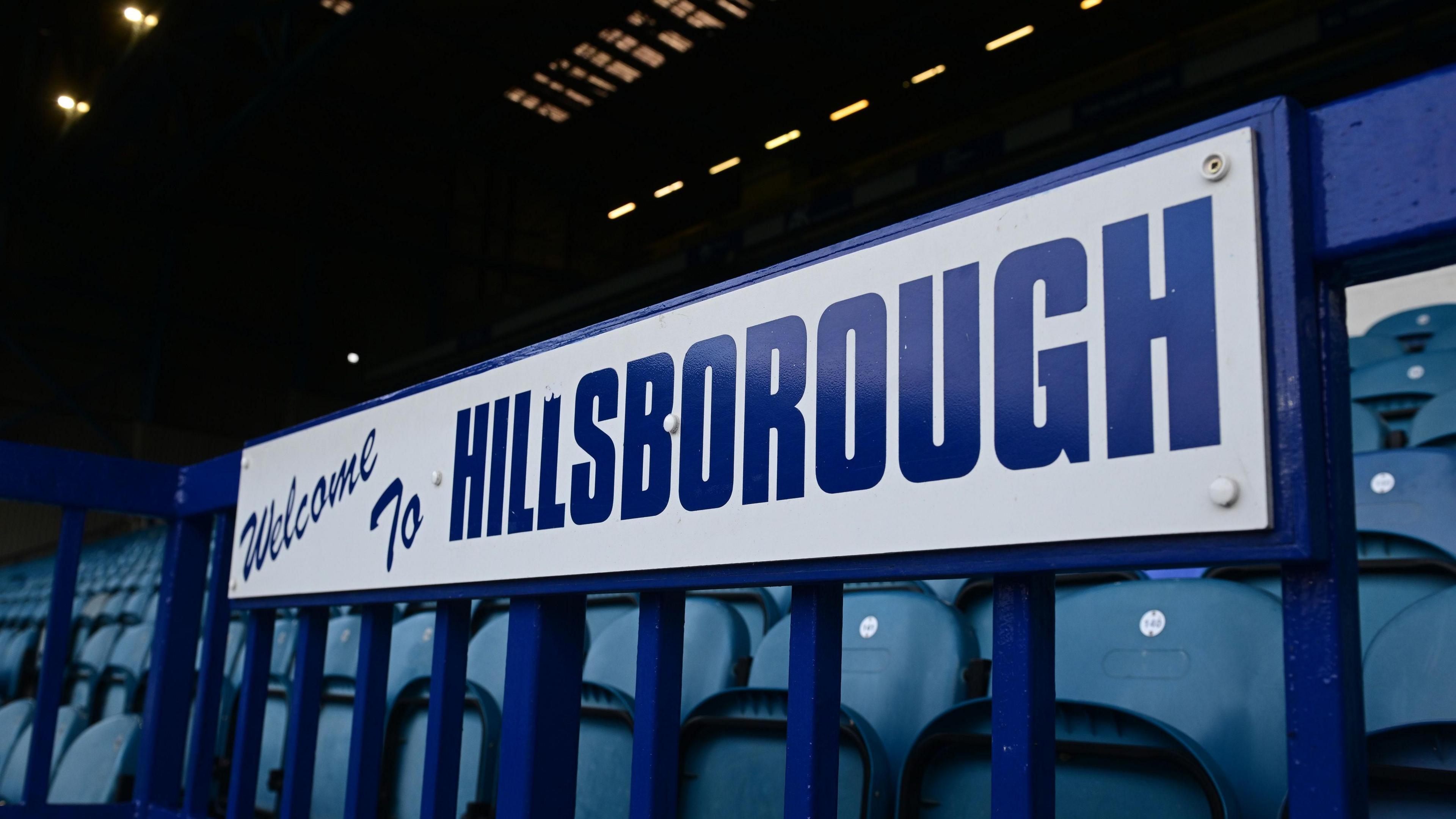 An image of a sign saying 'Welcome to Hillsborough' inside the stadium in Sheffield