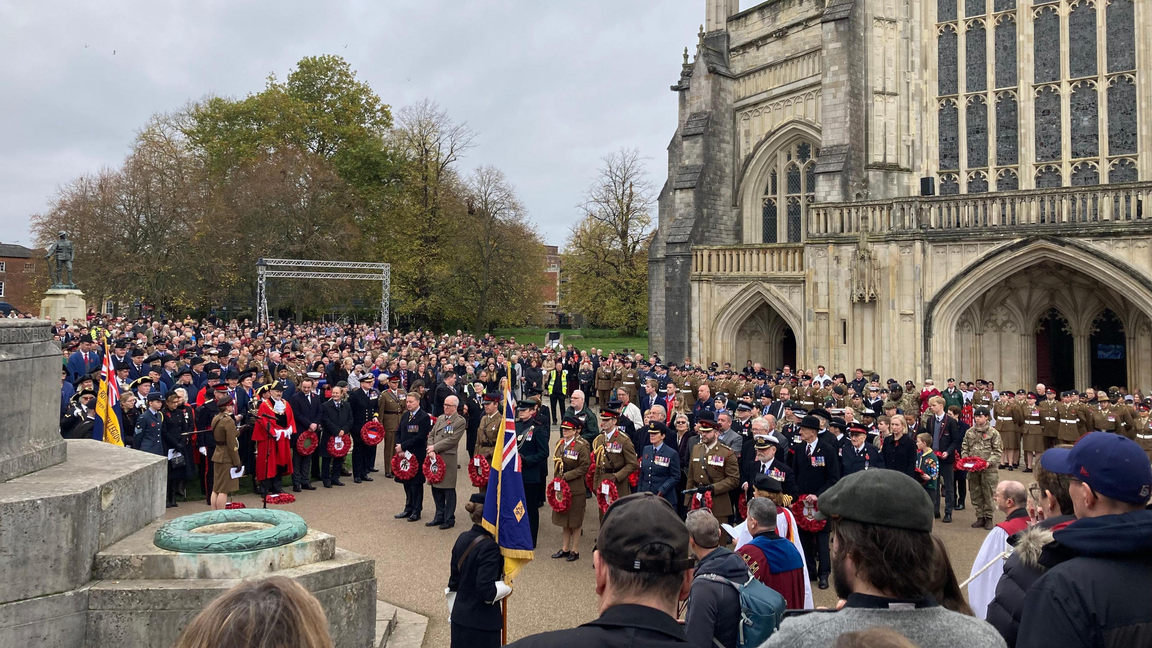 Crowds outside Winchester Cathedral for Remembrance Sunday