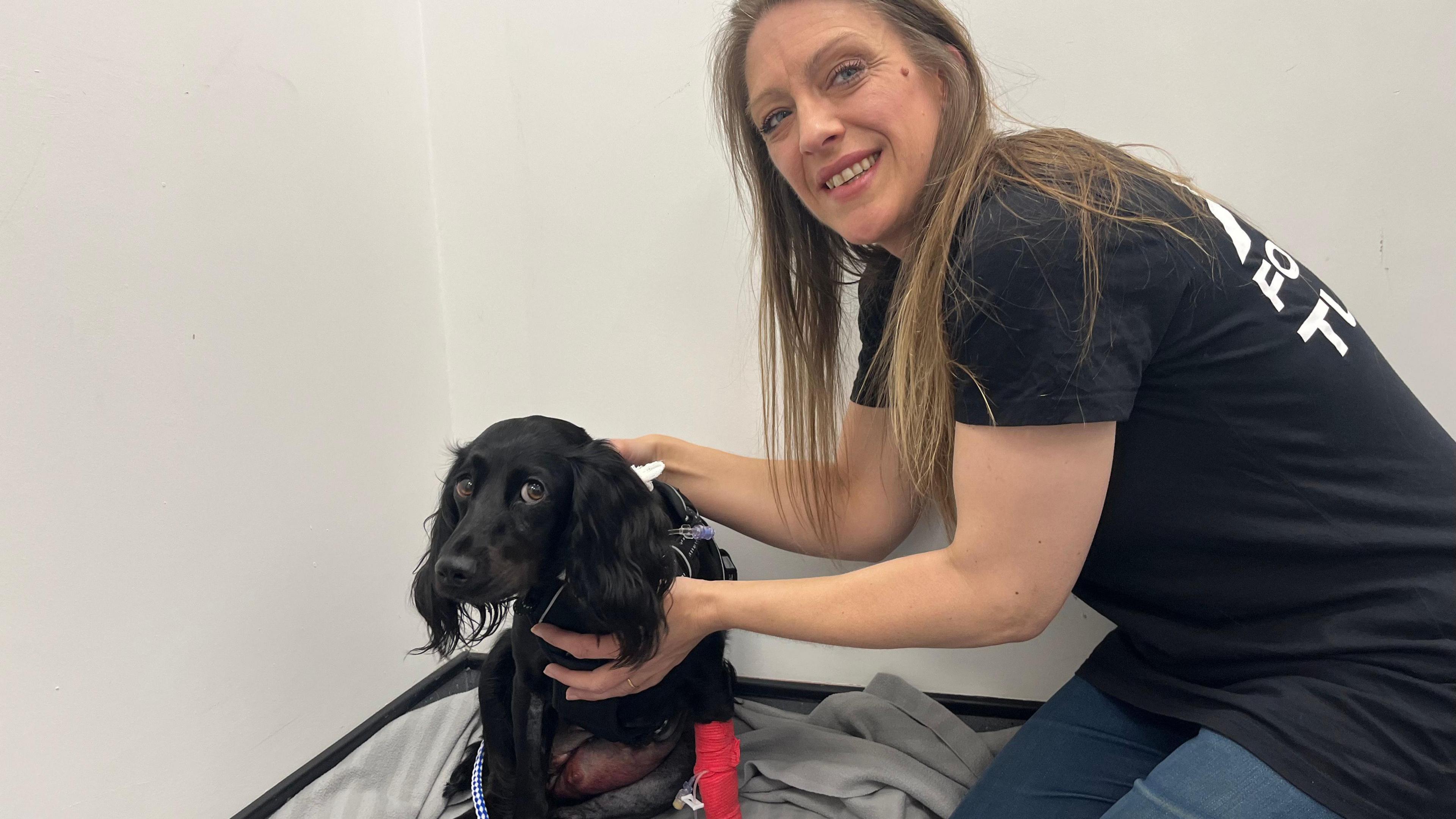 Meg the black cocker spaniel dog, on a blanket in what looks like a vet's surgery, with her owner Eleanor