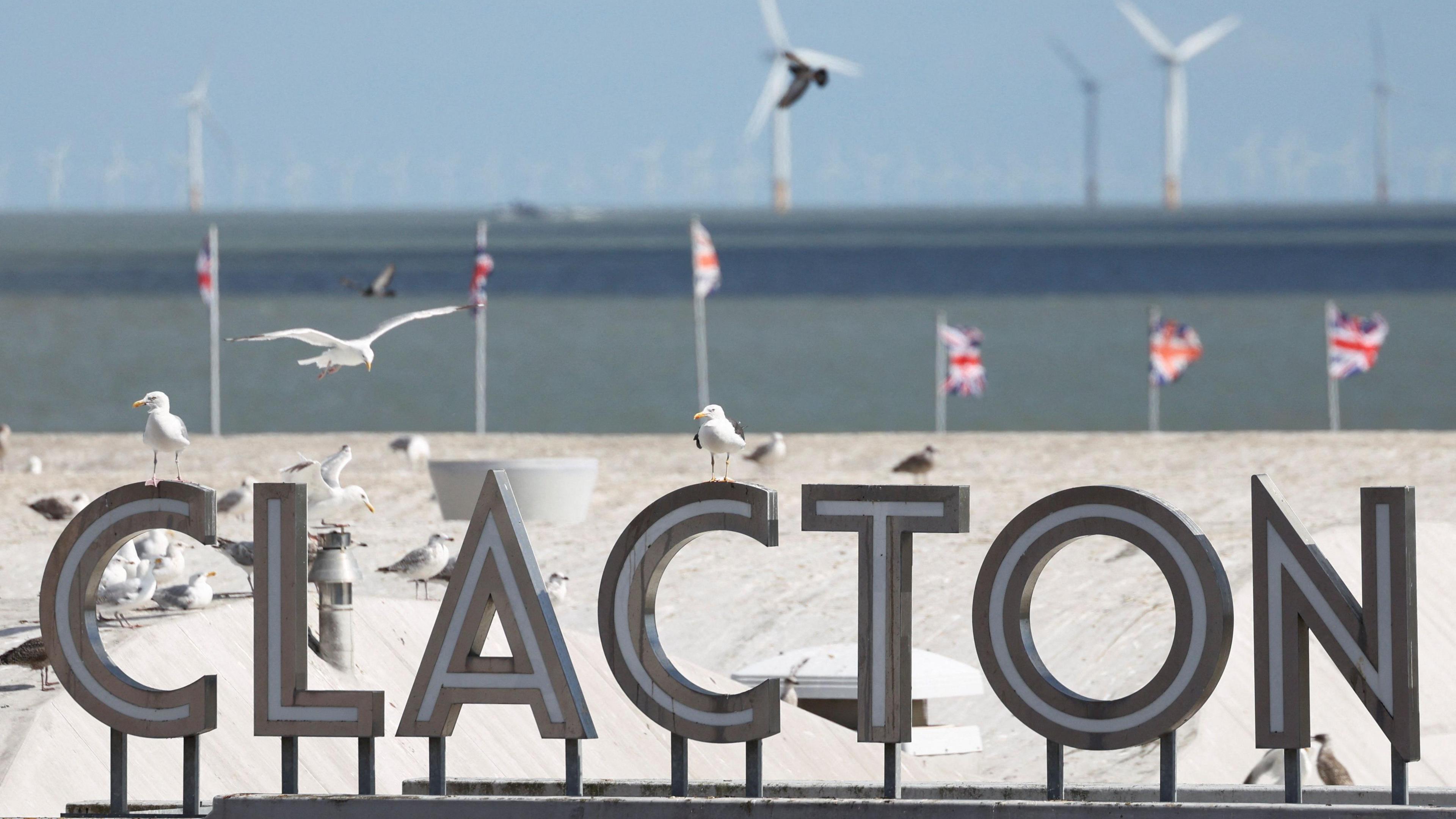 Seagulls perch on and fly above a sign that reads "CLACTON". In the background, six union jacks are flying. Beyond that is the sea and a number of wind turbines.