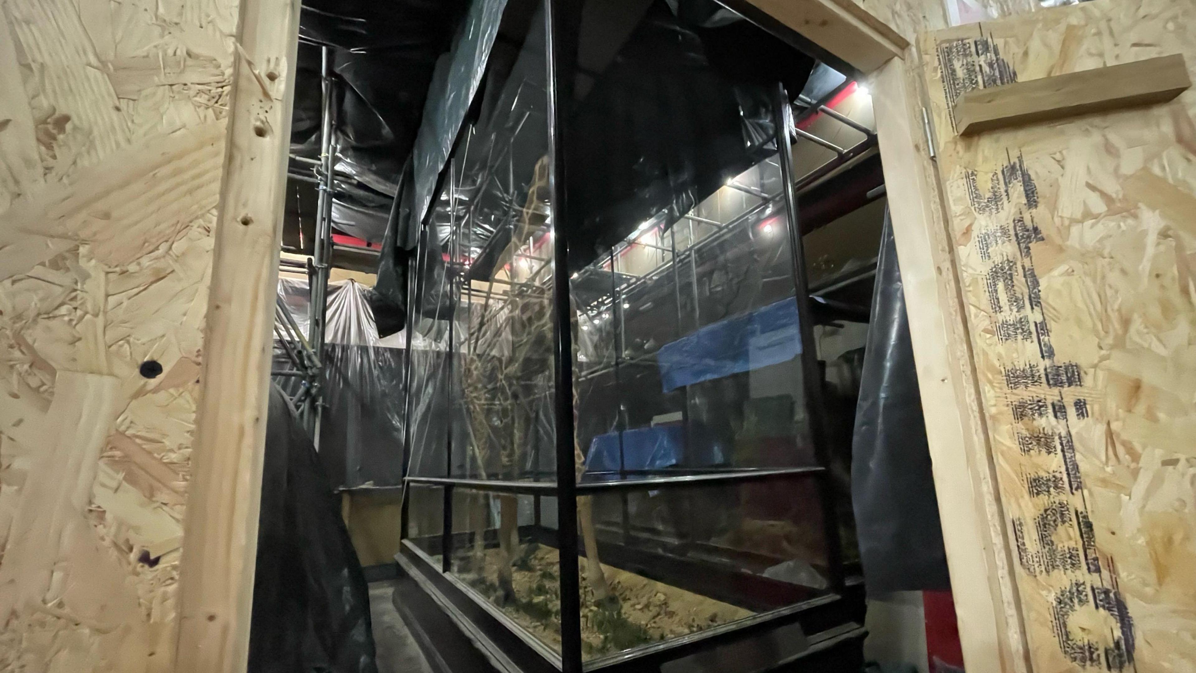 One of the glass box displays that has stayed on site at the museum. It is pictured in a room protected by boards. The item inside the display cannot be seen due to the angle.