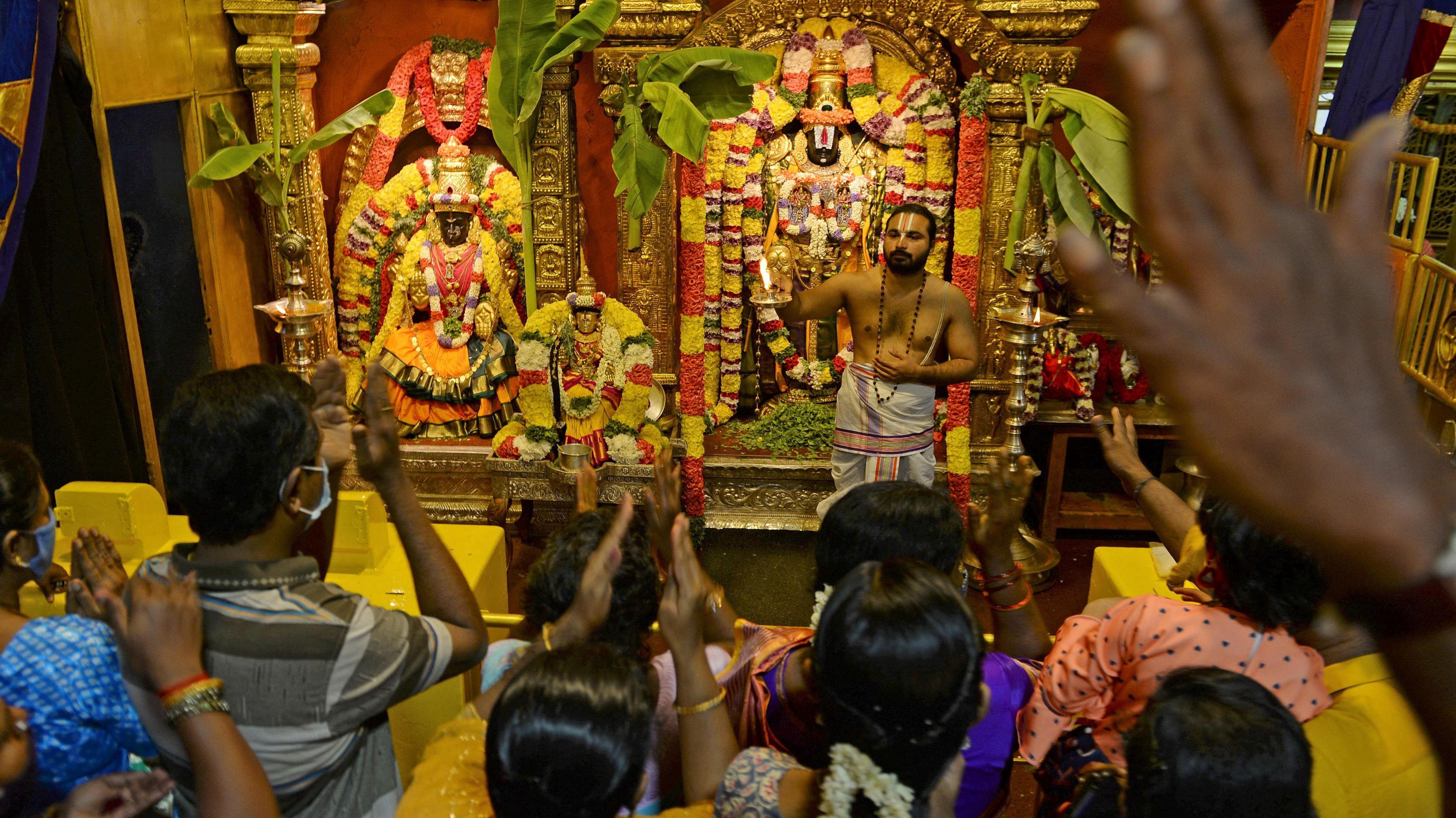 Hindu devotees at the Tirumala Tirupati Devasthanams temple on the occasion of 'Ugadi' festival or new year's day as per the Hindu lunisolar calendar on April 13, 2021