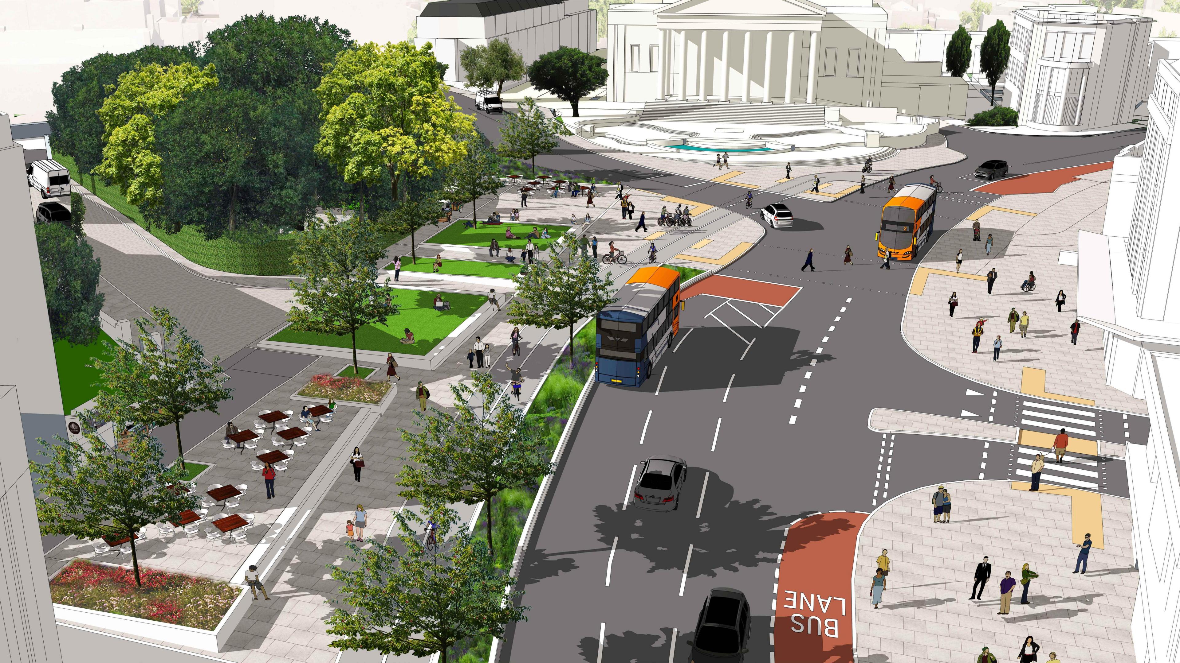 An artists impression of Queens Road, showing a road on the left hand side replaced with paving.