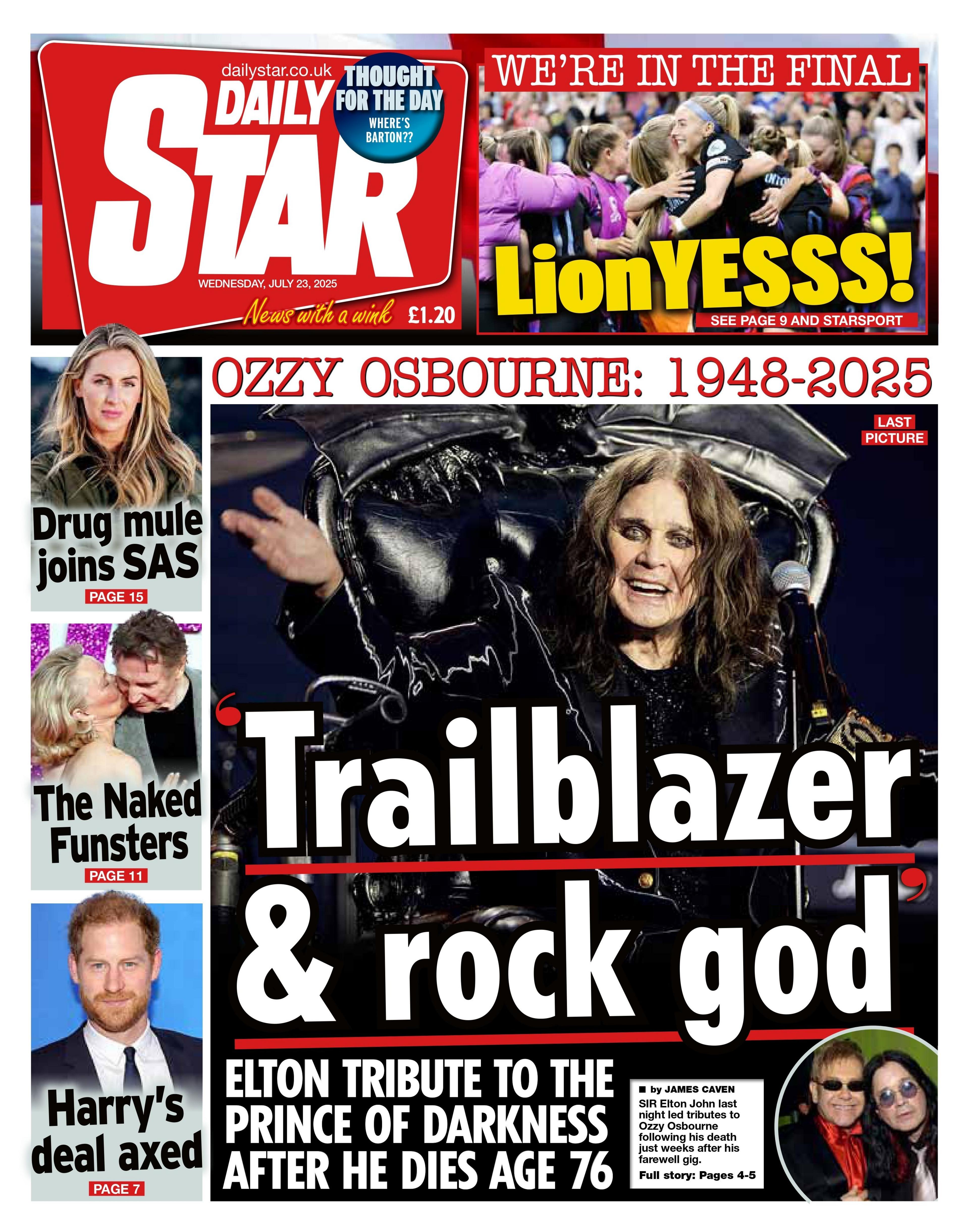 The headline on the front page of the Daily Star reads: "'Trailblazer and rock god'".