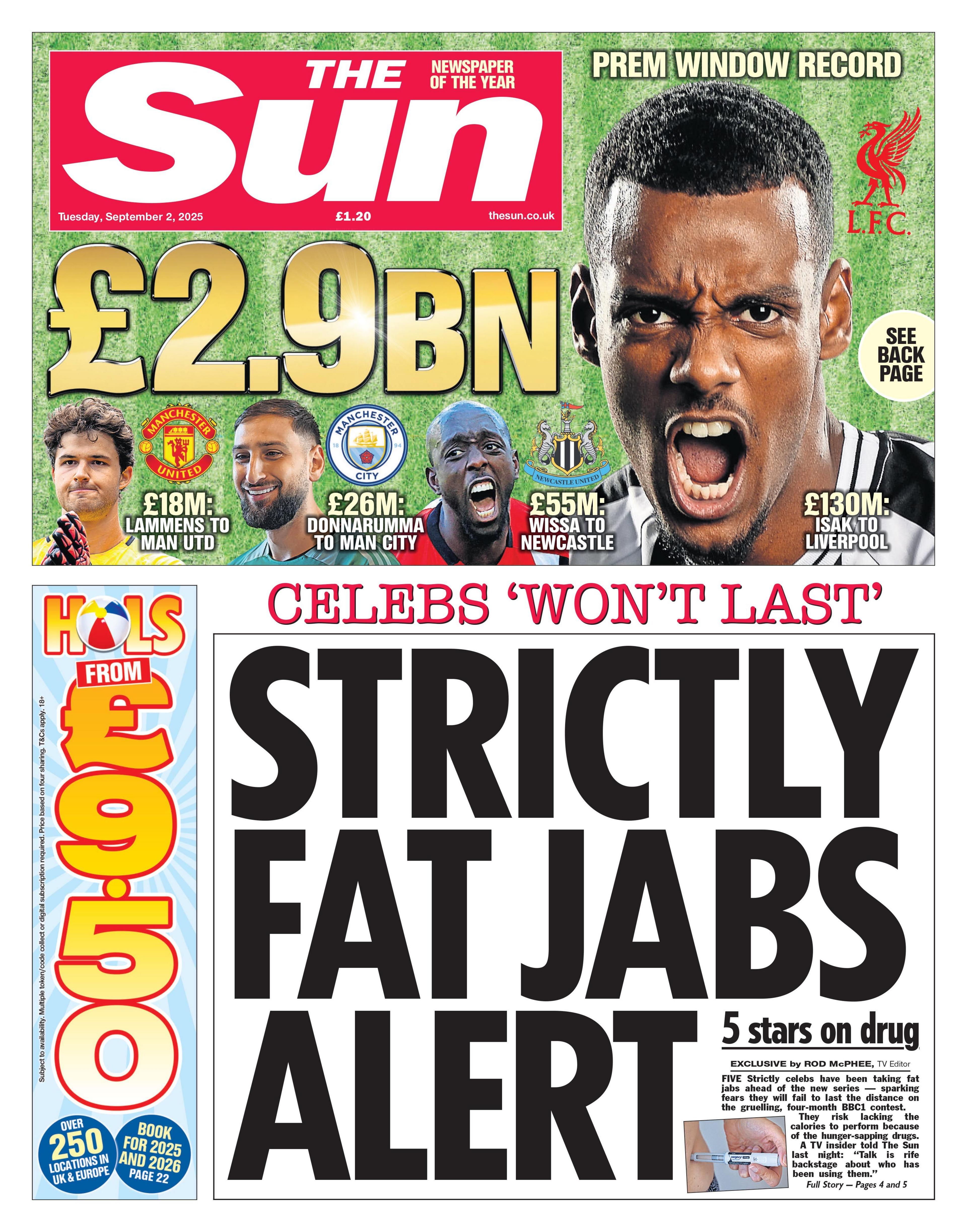 The headline on the front page of the Sun reads: "Strictly fat jabs alert".