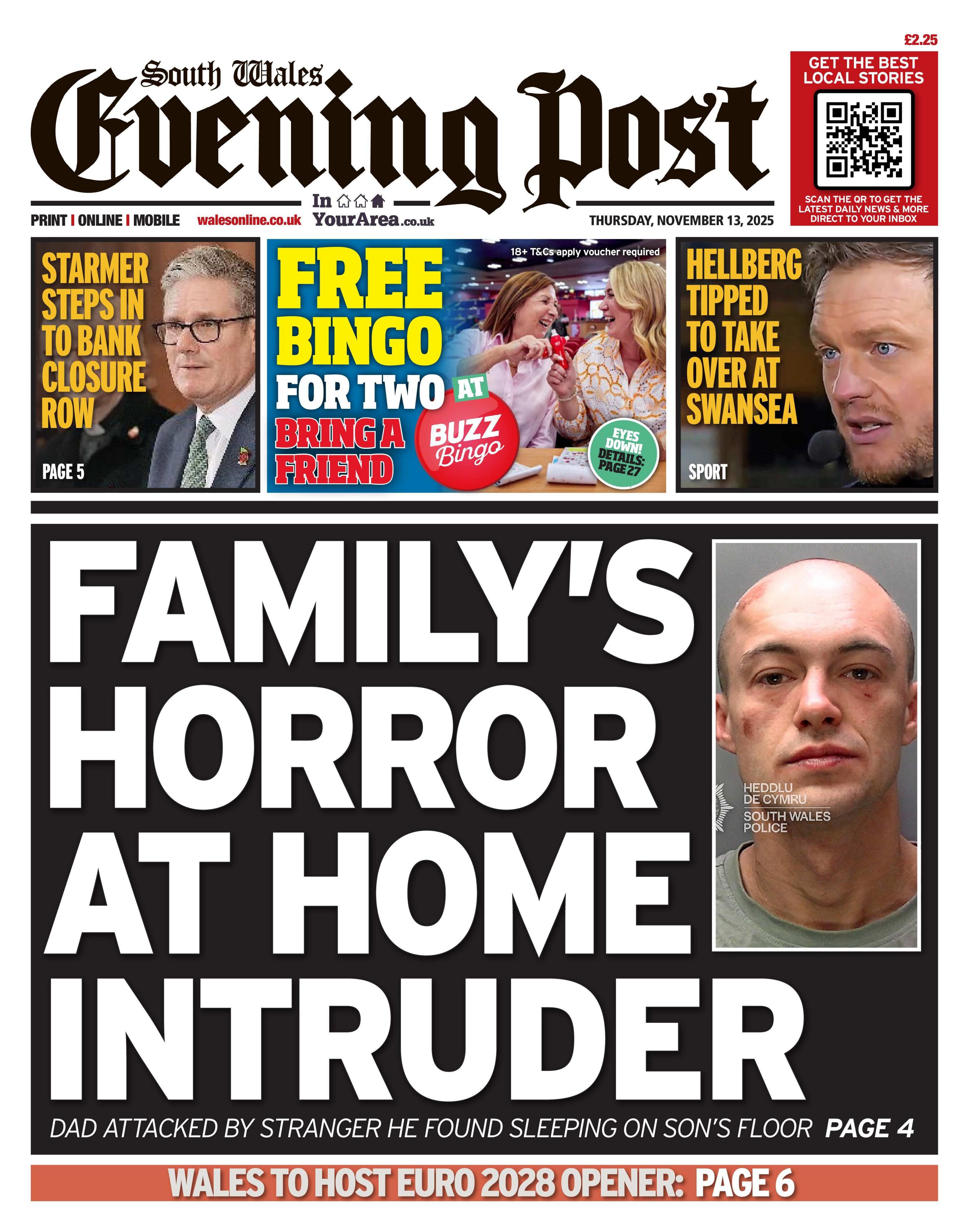 South Wales Evening Post front page. The headline is "Family's Horror At Home Intruder". The image is a police mugshot