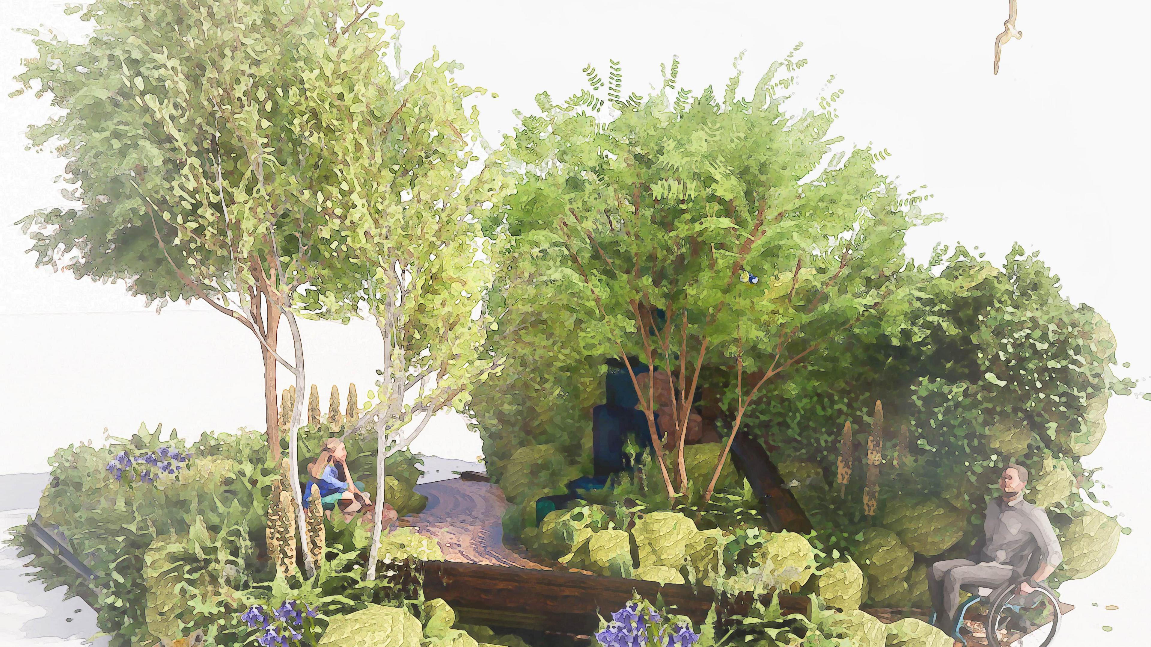 Painting of the nature reserve area which includes a walk way, a bench and trees, with plants/shrubbery below. A man in a wheelchair is on the path and there is a girl sitting on a bench.