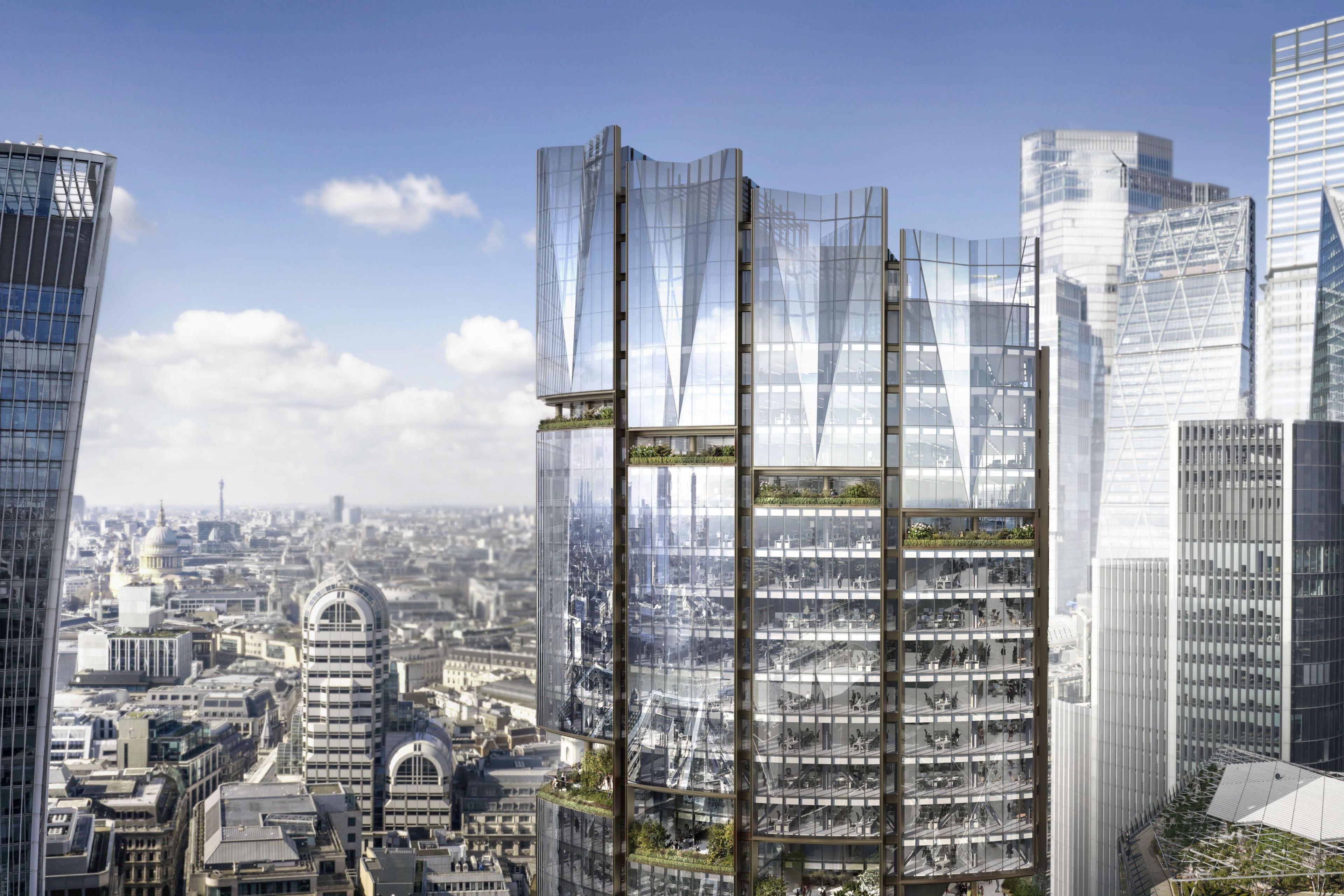 A architectural visualisation of a glass-walled sky scraper is nestled among other tall buildings in London, including the well-known Walkie-Talkie, Scalpel and Leadenhall "Cheese Grater" buildings