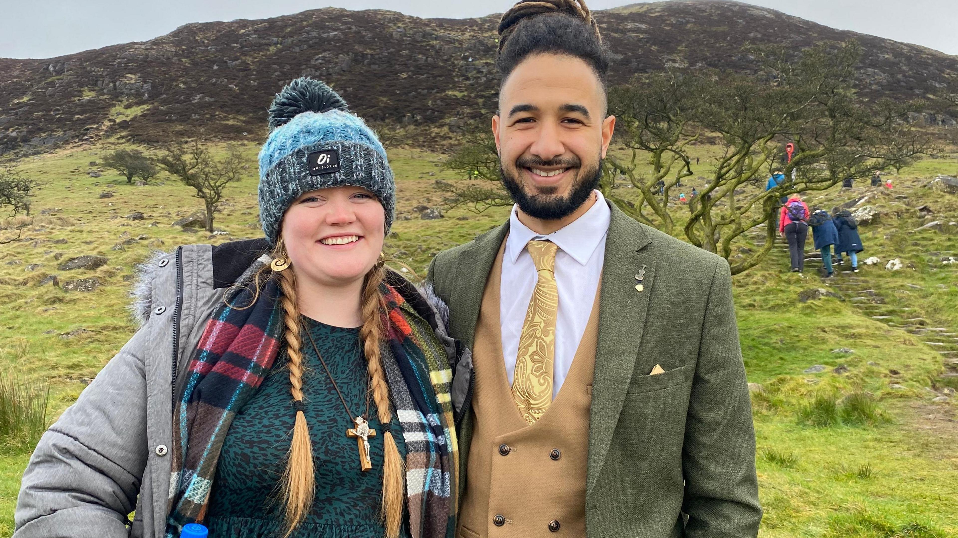 Jesse Lezama in his wedding suit on Slemish Mountain