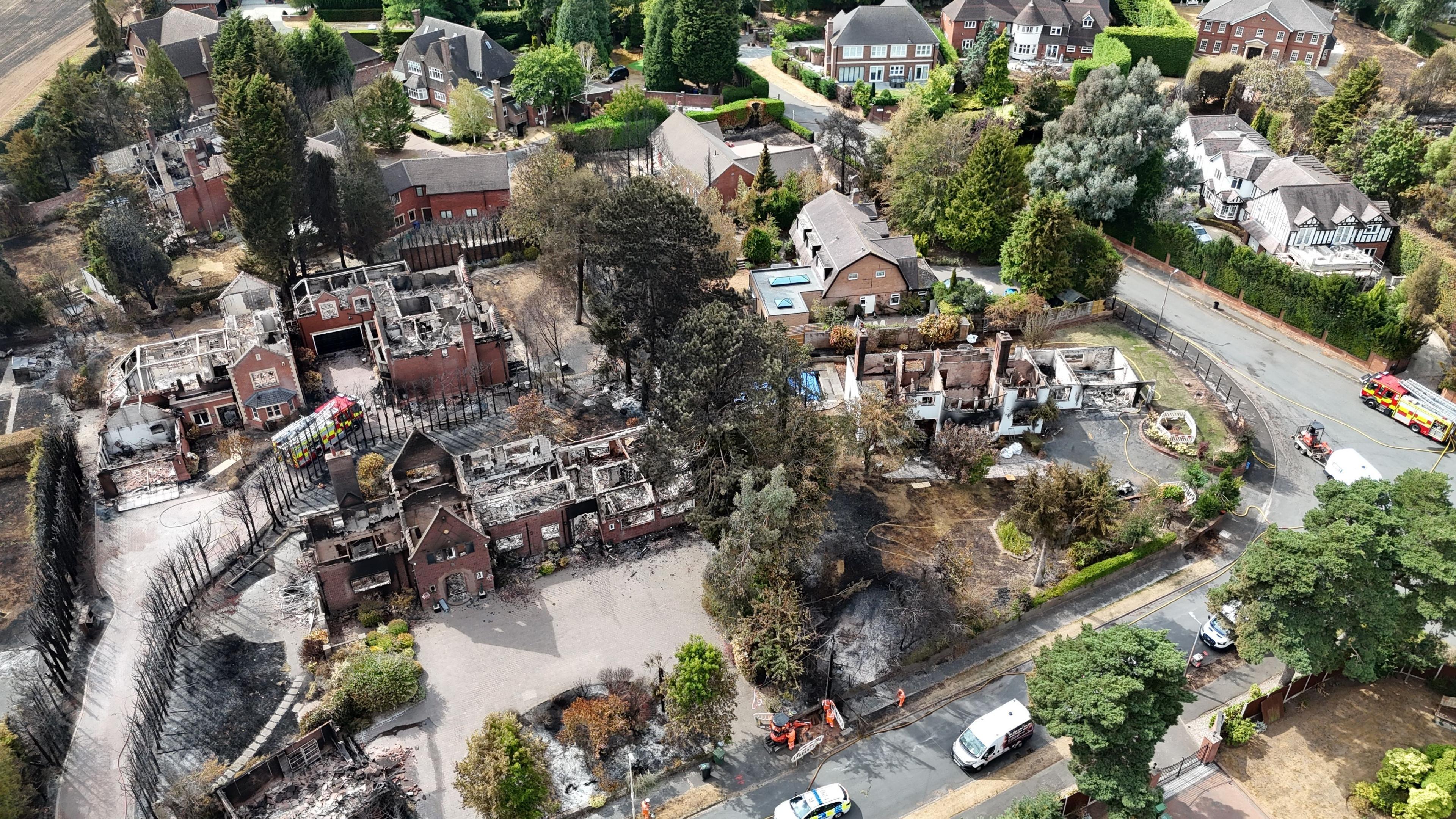 An aerial image taken with a drone of fire damaged properties in Stourbridge, showing burned out homes.