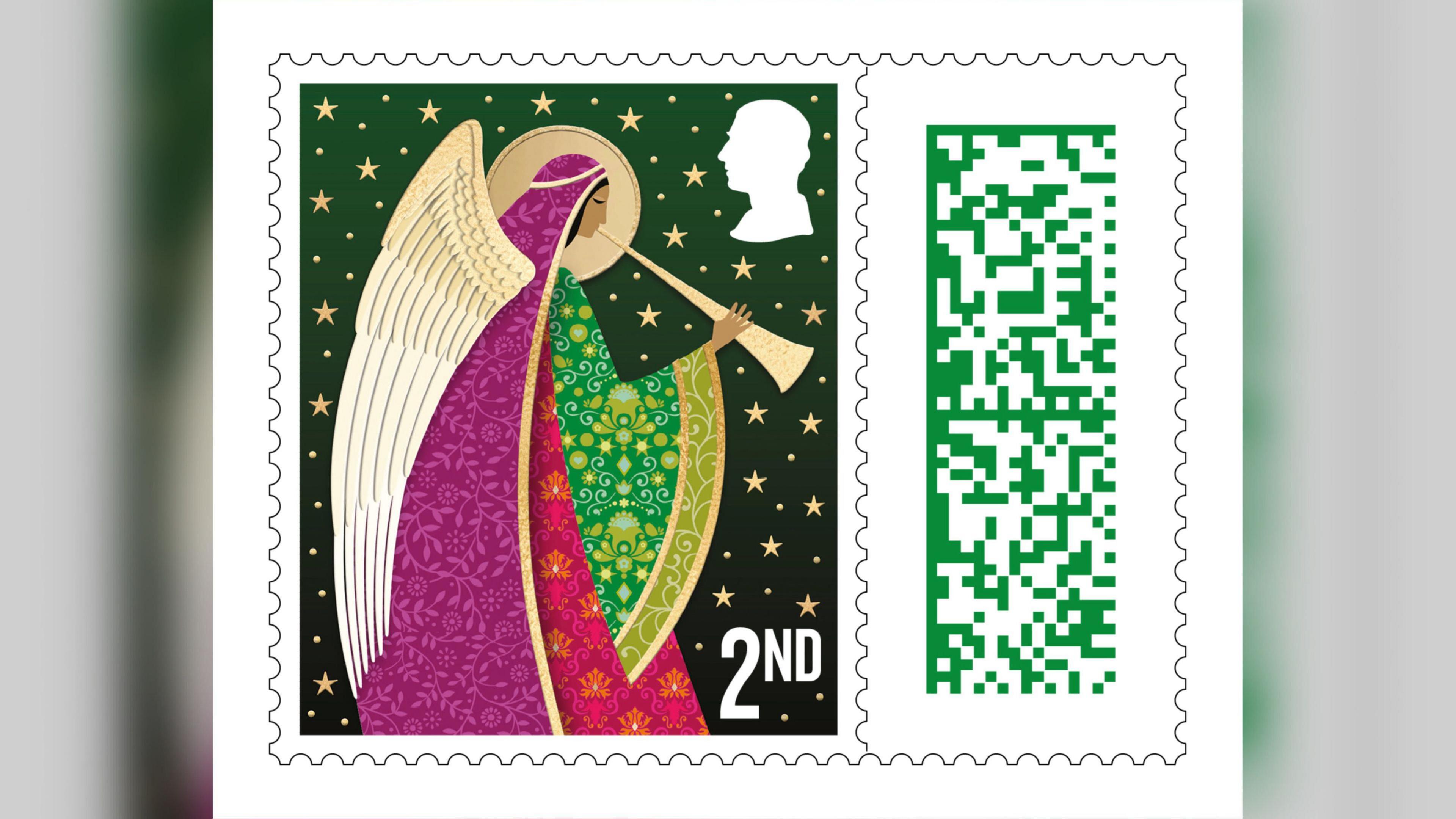 A second class stamp featuring an angel blowing a horn The angel is wearing a purple headdress and a green and white dress. They have a large gold wing, and behind them is a green sky with gold stars and a gold moon.