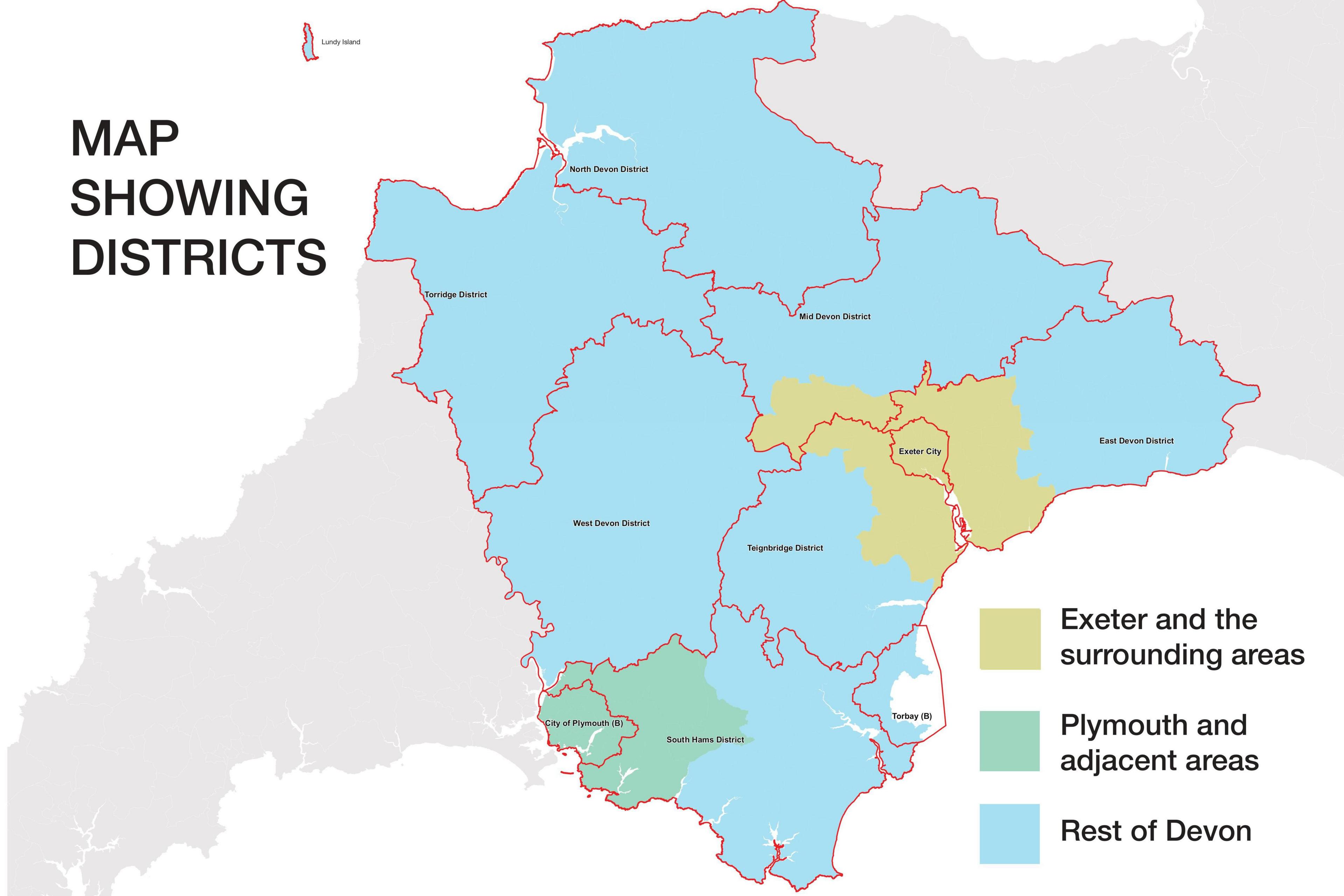 A map showing the existing district and unitary councils - marked by redlines - and proposals for new boundaries with the new areas coloured in green for Plymouth, blue for other districts and beige for Exeter and surrounding areas.